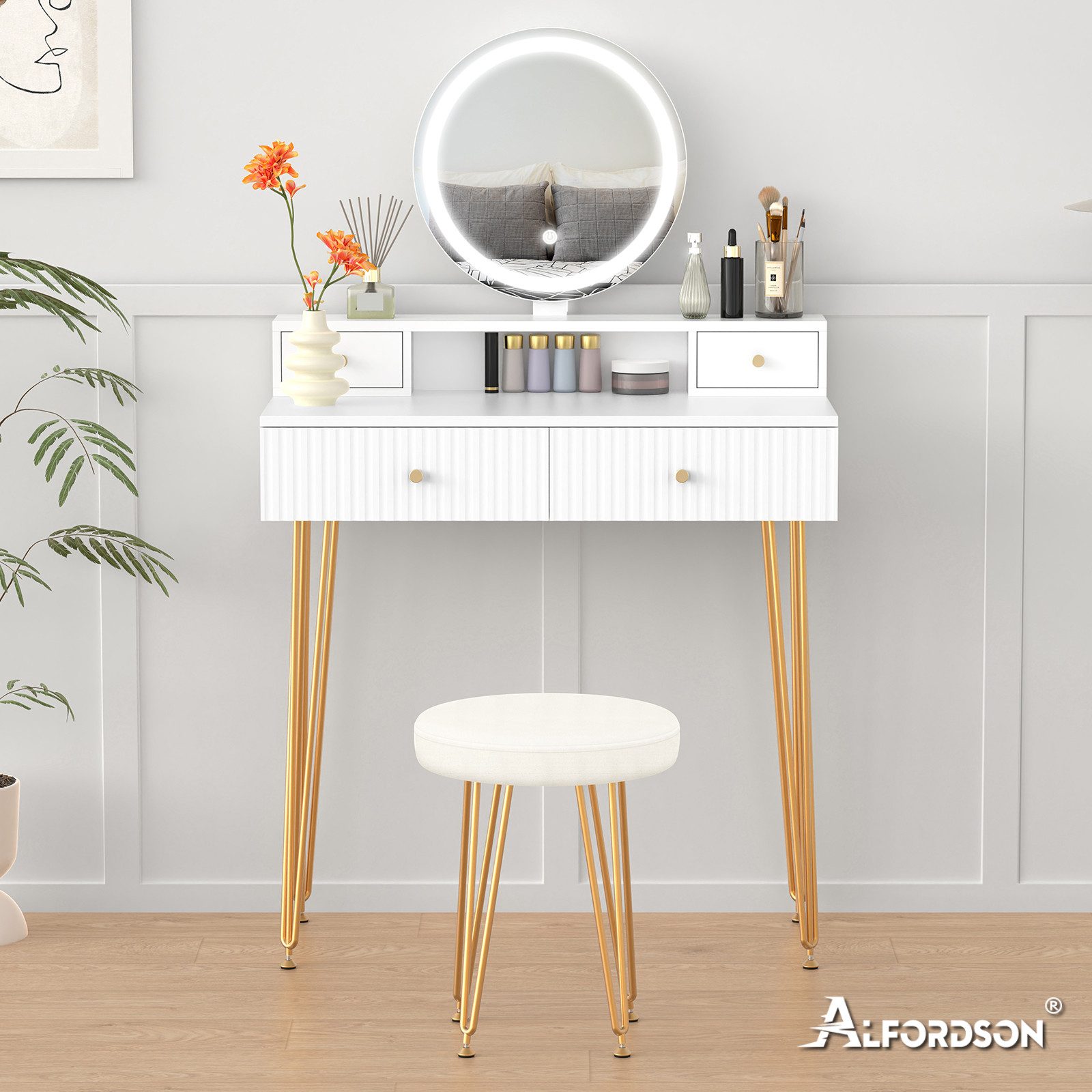 ALFORDSON Schminktisch Modernes LED-Schminktisch-Set Weiß & Gold (1-St., mit Spiegel, Schubladen und passendem Hocker), ideal für Schlafzimmer und kleine Wohnungen