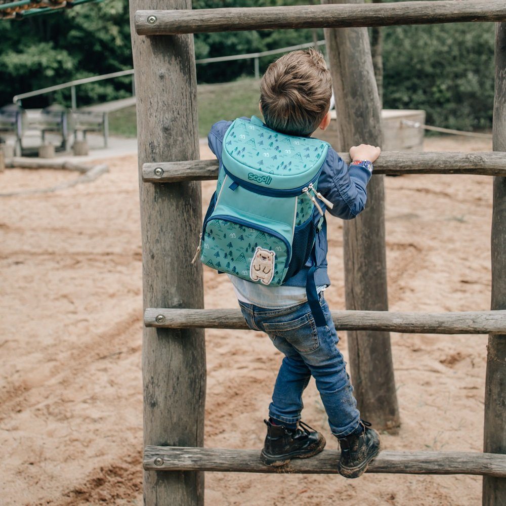 Turnbeutel, und Brotdose Kinderrucksack in (Set, und mit Mini-Me Jungen Trinkflasche), Blau Teddy für BÄR Set inkl. BOBBY Türkis Rucksack Scooli Mädchen süßem