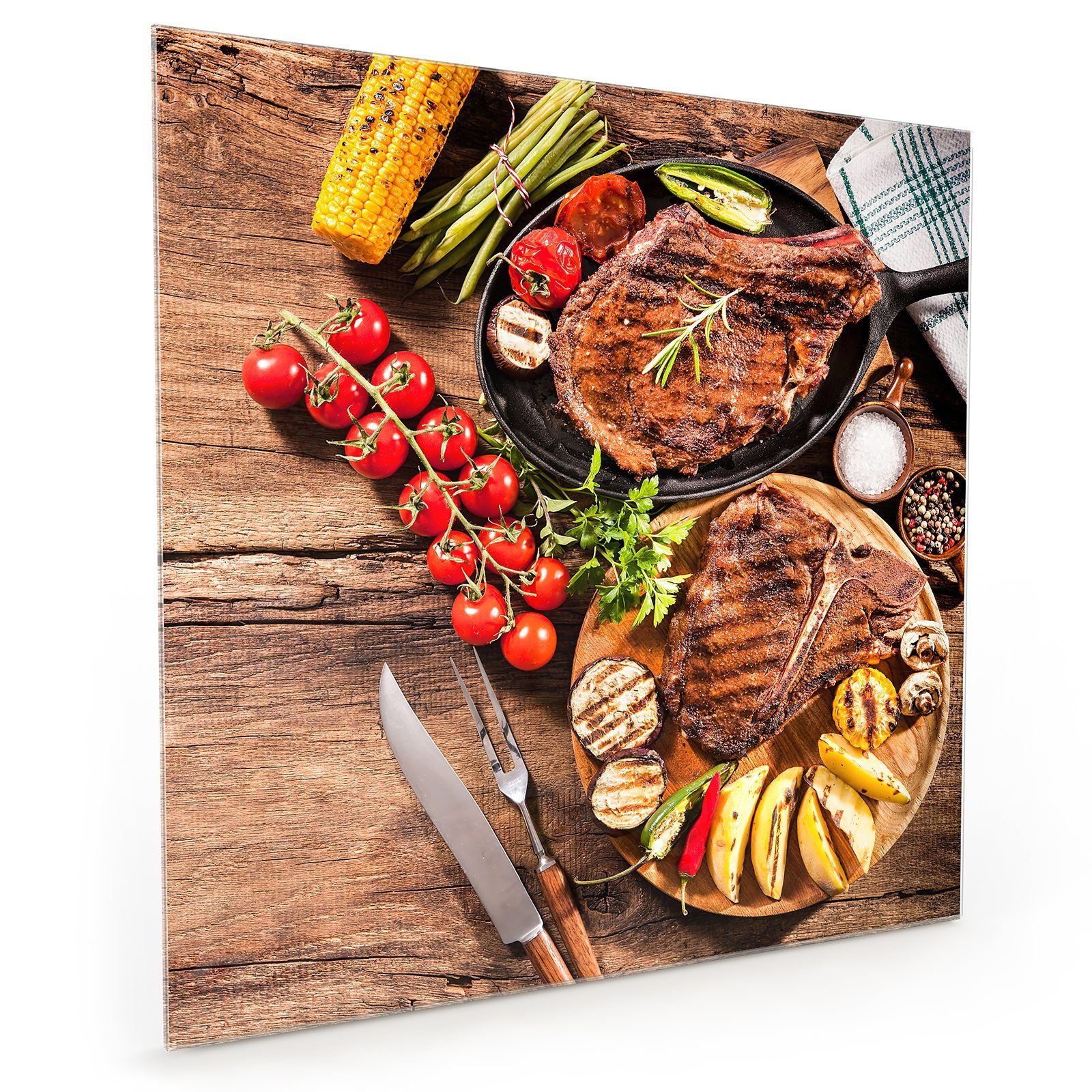 Primedeco Küchenrückwand Spritzschutz Glas Fleisch und Gemüse