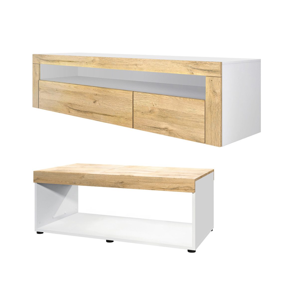 Vladon Wohnwand Berlin, (Wohnzimmer-Set, bestehend aus 1 TV Board und 1 Couchtisch), Weiß matt/Eiche Natur
