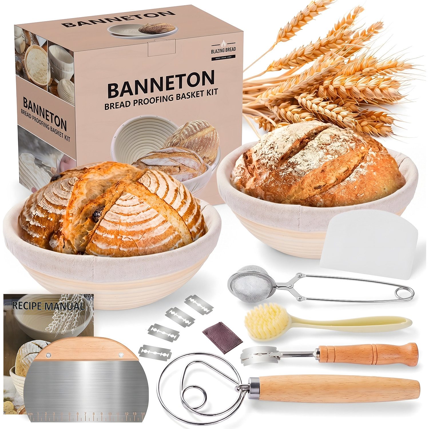 HEYHIPPO Gärkorb 2er Set Banneton Gärkorb 23×8 cm, Sauerteigkorb mit 6 Zubehörteilen, (Set 9-tlg), Rattan Gärkorb Set, Sauerteig Brotbackset mit Teigschaber & Rezeptbuch