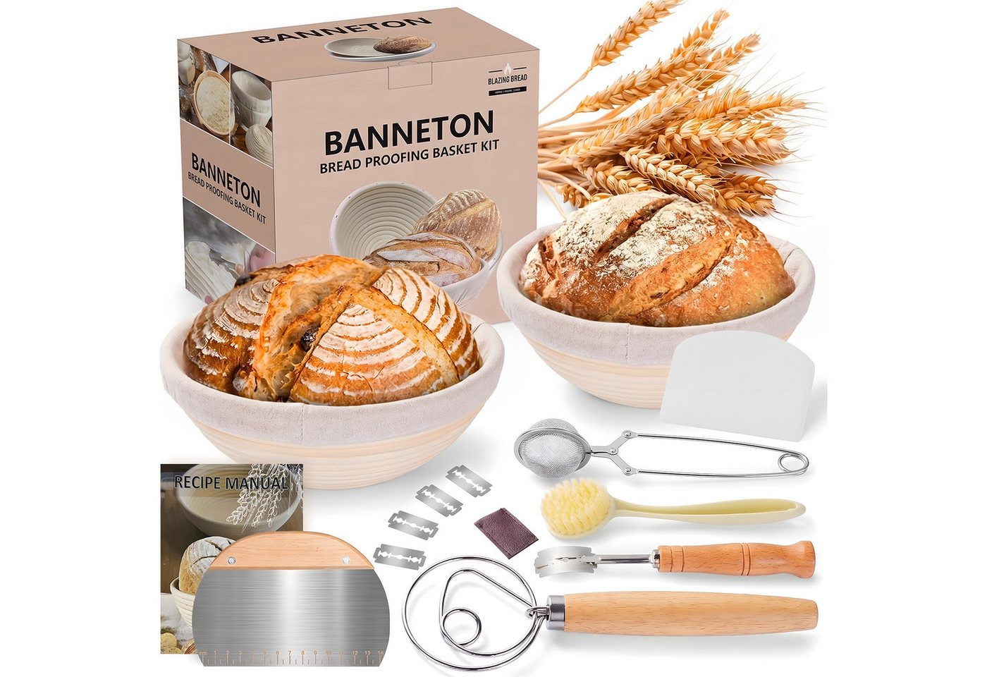 HEYHIPPO Gärkorb 2er Set Banneton Gärkorb 23×8 cm, Sauerteigkorb mit 6 Zubehörteilen, (Set 9-tlg), Rattan Gärkorb Set, Sauerteig Brotbackset mit Teigschaber & Rezeptbuch