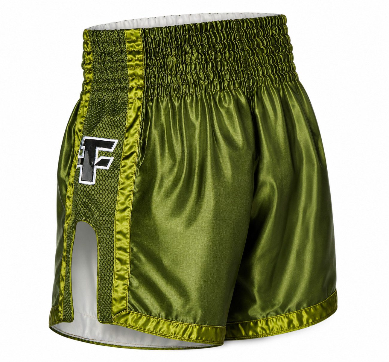 BAY-Sports Shorts Kurze Fitness Streetwear Sporthose olive Workout Let´s Fight Glänzendes Rexin sowie hochwertigen Applikationen.