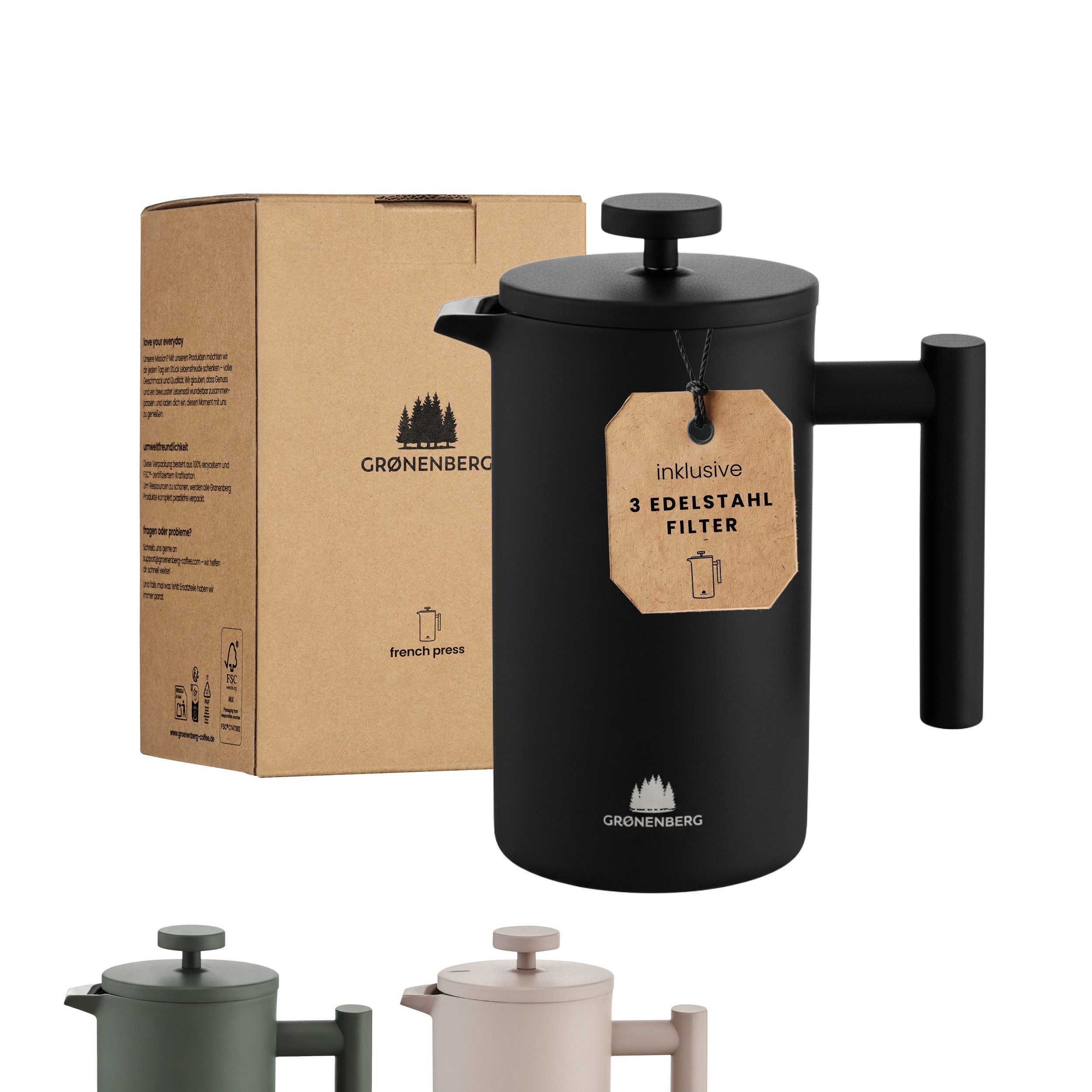 GRØNENBERG French Press Kanne 0,6 oder 1 Liter l Edelstahl Kaffeebereiter mit Thermo Effekt, 0.6l Kaffeekanne, Kaffeepresse inkl. 3 Ersatz-Filter