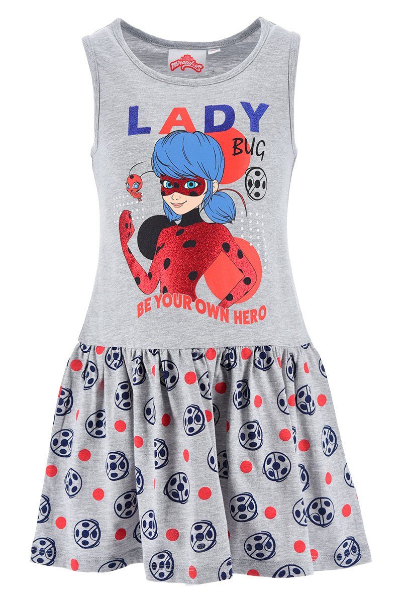 Miraculous - Ladybug Sommerkleid BE YOUR OWN HERO Jerseykleid mit Glitzer für Mädchen Gr. 104 -128 cm Grau