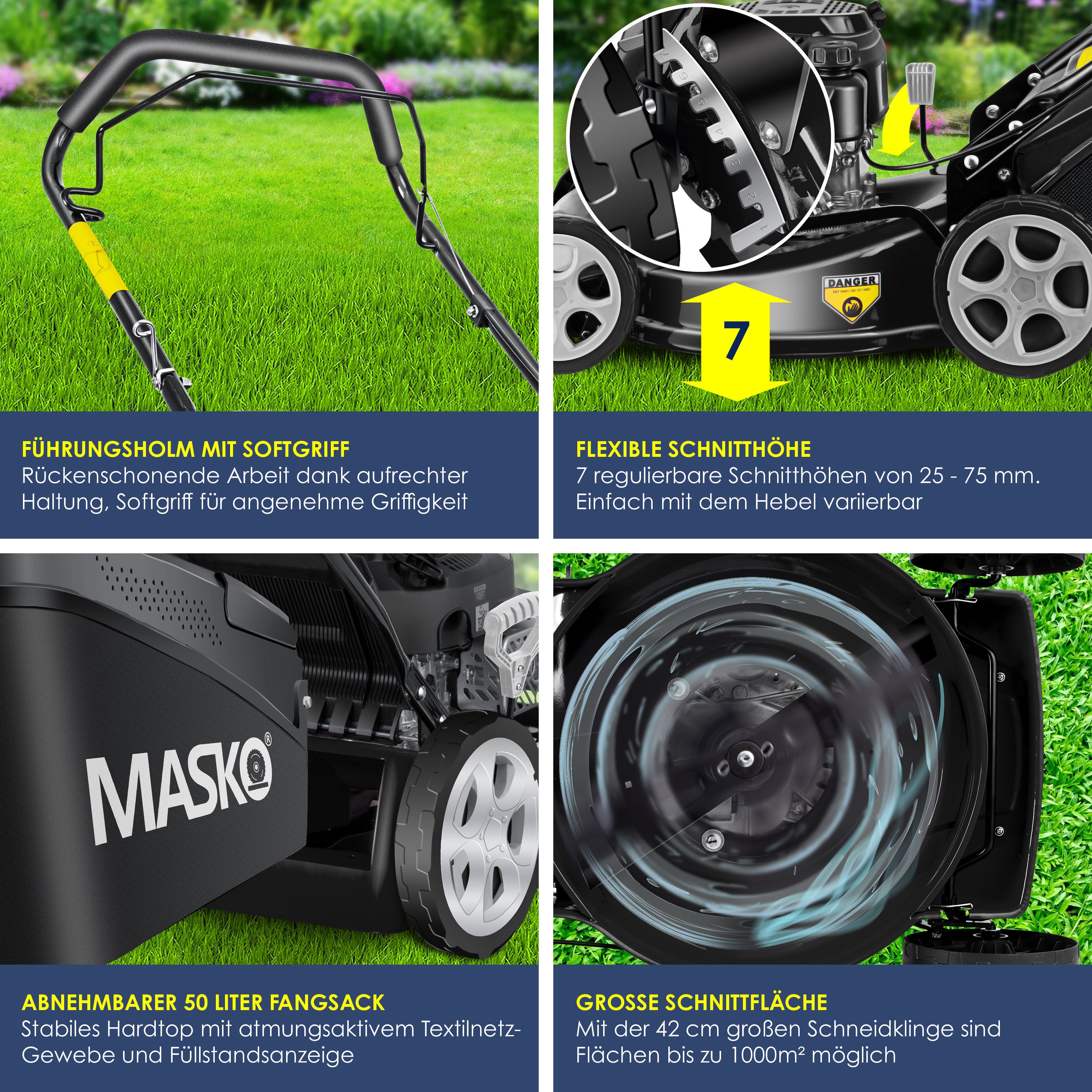 MASKO Benzinrasenmäher Rasenmäher 42cm Schnittbreite, 42 cm Schnittbreite, mit Radantrieb, 4-Takt-Motor & Mulch-Funktion inklusive Fangkorb