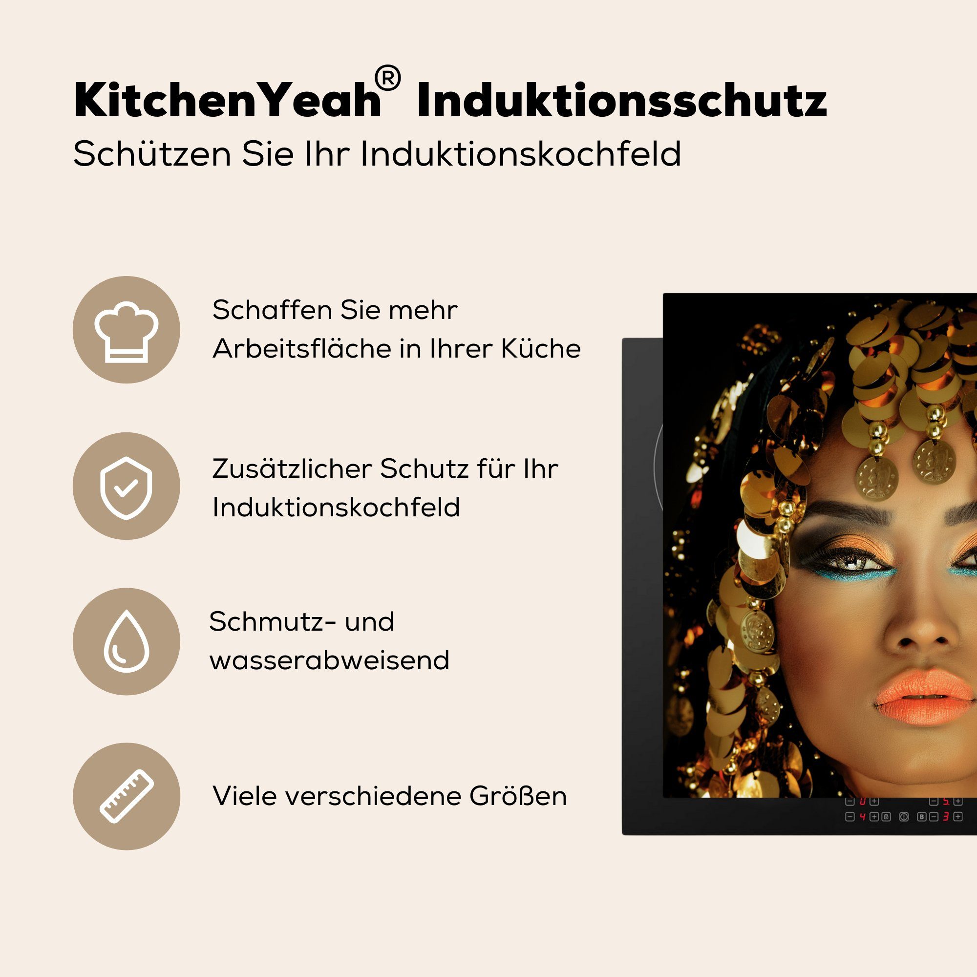 Vinyl, Herdblende-/Abdeckplatte Gold (1 Frau tlg), MuchoWow Schwarz, küche - Arbeitsplatte für Ceranfeldabdeckung, 78x78 - cm,