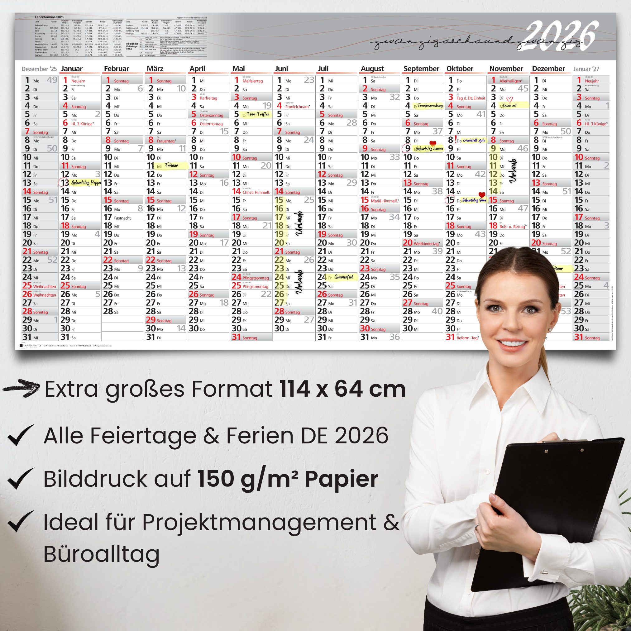 Kamber Office Wandkalender 2026 Jahreskalender XXL groß 14 Monate Bürokalender gefalzt, Schulferien, Großformat 114x64 cm