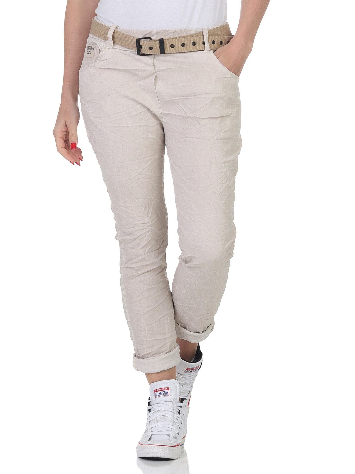 CLEO STYLE Jogger Pants Damen Hose Gürtel 21306 34-38 Beige