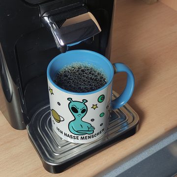 speecheese Tasse Kaffeebecher Hellblau mit lustigem Comic Alien Motiv Ich hasse