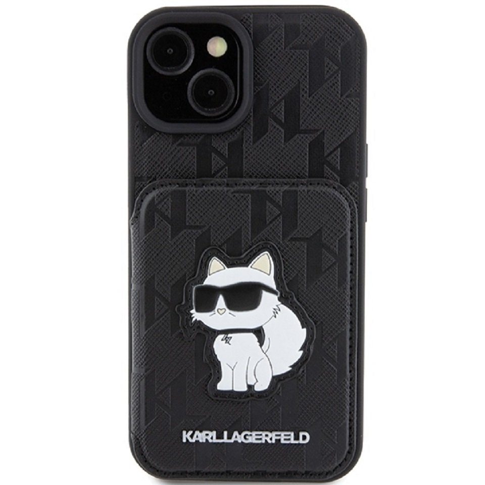 KARL LAGERFELD Handyhülle Case iPhone 15 aufstellbar Katze Kunstleder schwarz Logo 6,1 Zoll, Kantenschutz