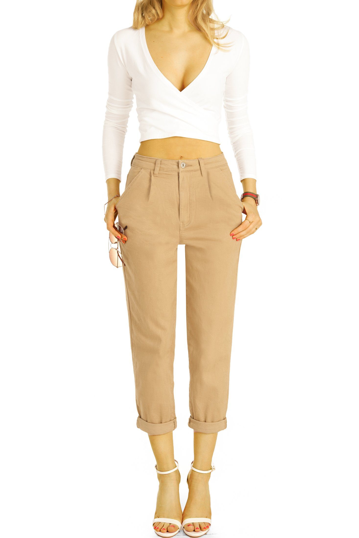 be styled Mom-Jeans Medium waist Mom Jeans beige Hose 5-Pocket-Style, Damen mit - Stretch-Anteil - Waist j24g-4 High