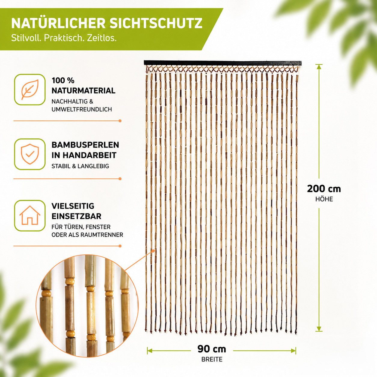 Kobolo Türvorhang Bambusvorhang BAMBOO -Braun Natur - 90x200 cm (1 St), Ösen, transparent