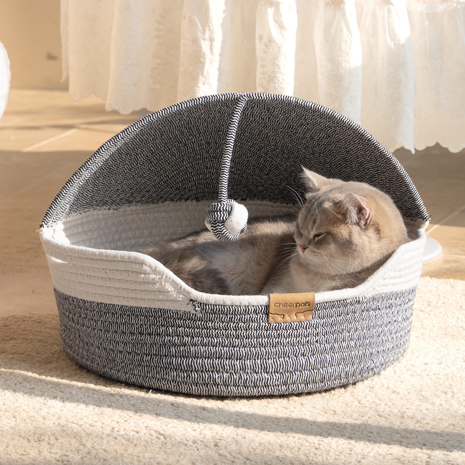CheerPals Tierbett Geflochtene 2-in-1 Katzenhöhle & Katzenbett mit waschbarem Kissen, Vliesstoff/Polyester