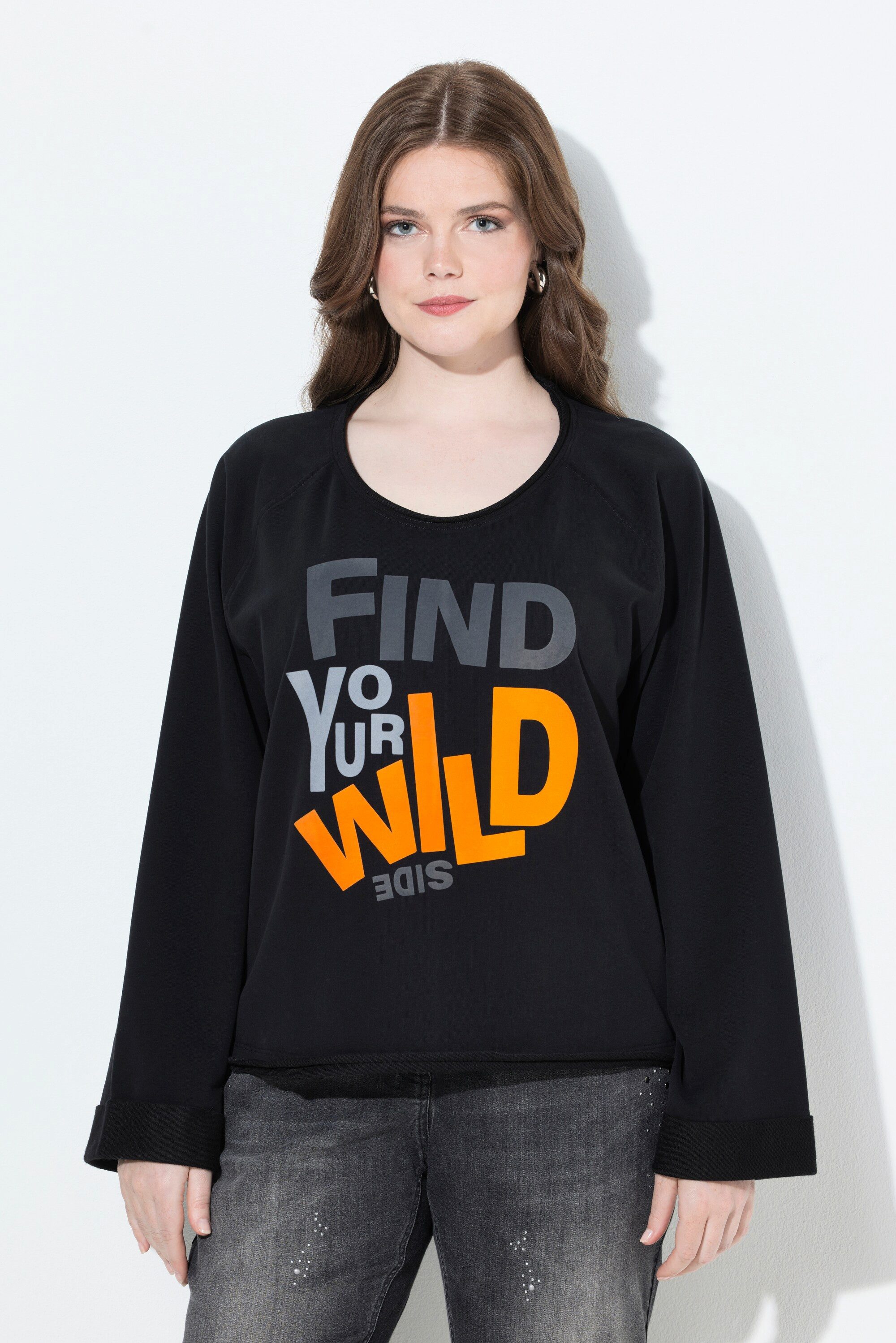 Ulla Popken Sweatshirt Sweatshirt Schriftmotiv Rollkanten Rundhals günstig online kaufen