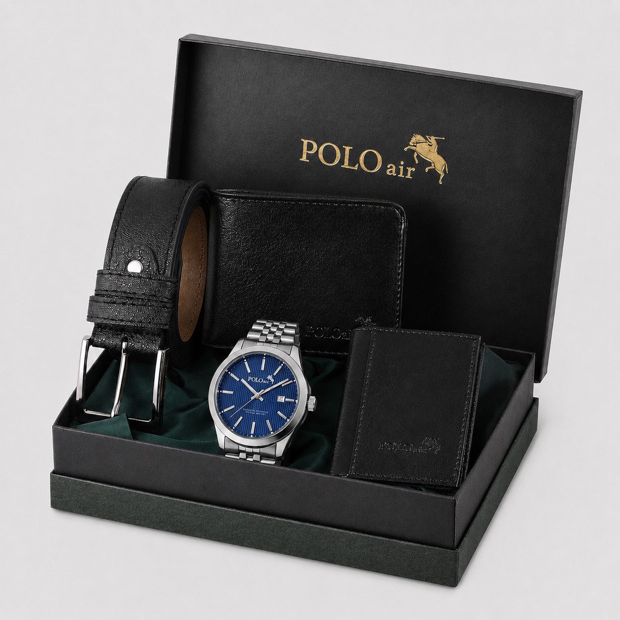 Jungengel Brieftasche Polo Air Royal Herren Geschenkset Armbanduhr Kartenetui Geschenkbox (Geschenkset, 5-tlg., 5-teilig: Herrenuhr, Geldbörse, Kartenetui und Gürtel+Geschenkbox), Exklusives Herren Geschenkset - Geschenkbox inklusive
