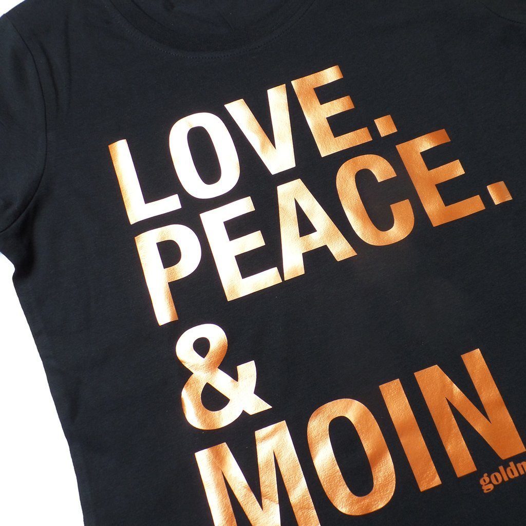 goldmarie T-Shirt LOVE PEACE MOIN Baumwolle, kupfer aus schwarz mit reiner Frontprint mit