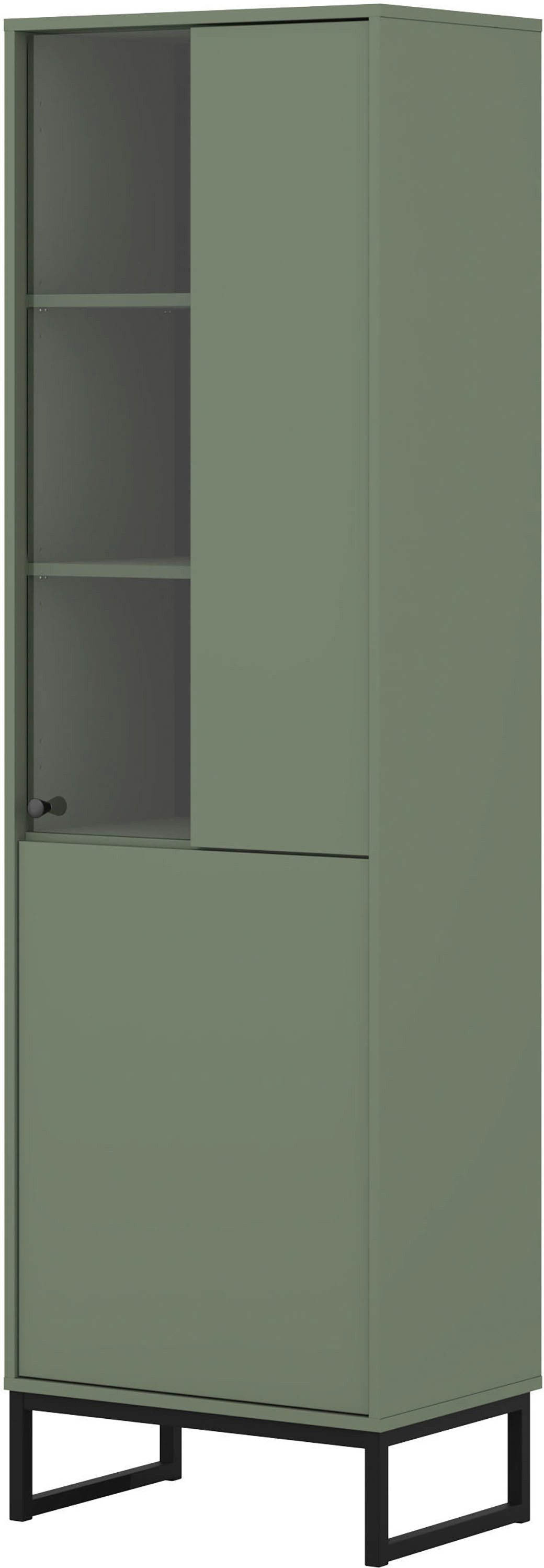 OTTO home Vitrine Loft, Höhe 180 cm, moderne Standvitrine mit 2 Türen, Metallkufen Hochschrank mit viel Stauraum, Glastür und verstellbaren Einlegeböden