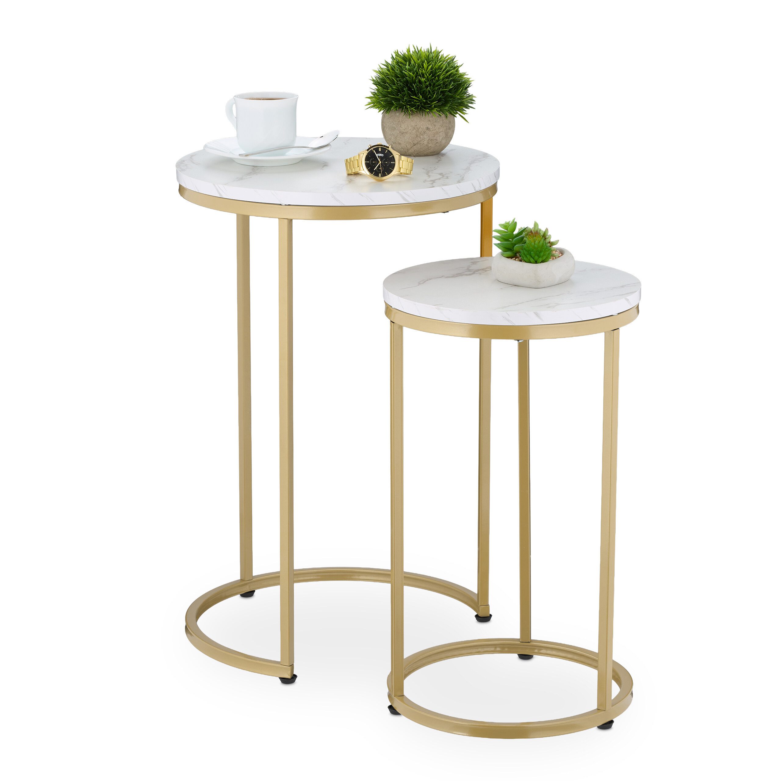 relaxdays Satztisch 2er Set Marmoroptik & Metall (2-St., 2er Set), Weiß/Gold