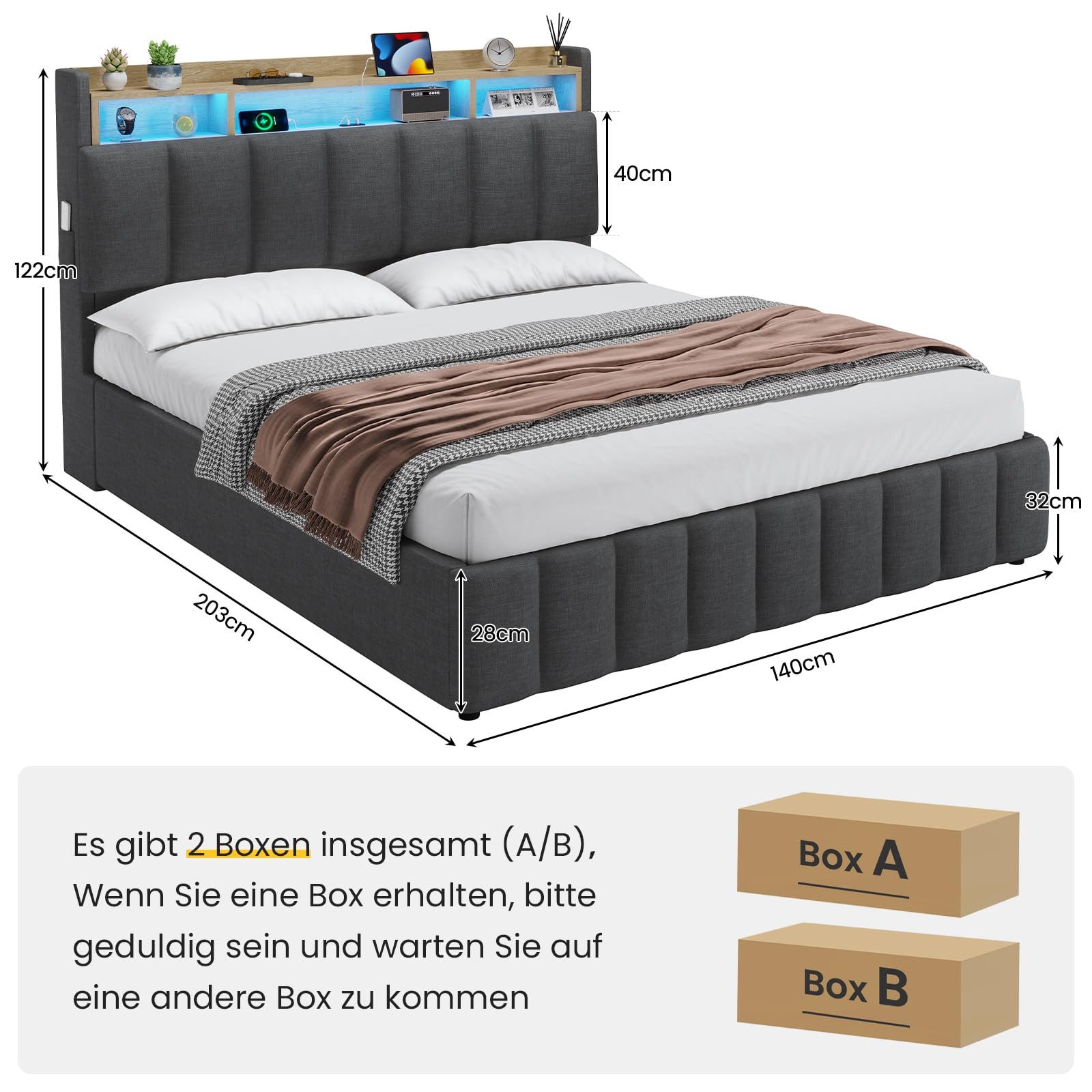 MSMASK Polsterbett mit LED Beleuchtung mit Ladefunktion, 140 x 190 cm, Grau günstig online kaufen