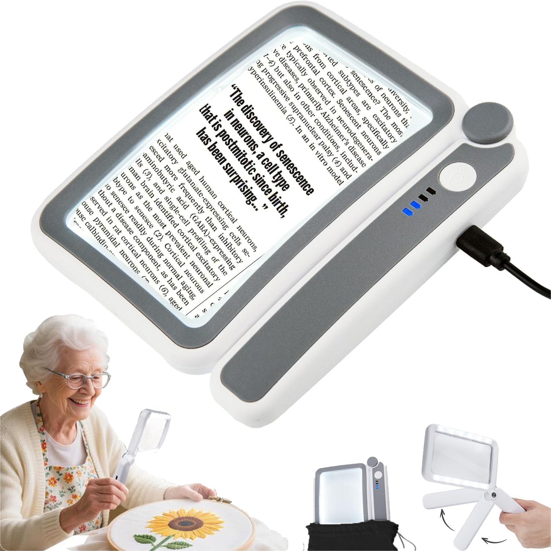 Senmudi Handlupe 4X Lupe mit LED Licht,Faltbare Leselupe Groß,3-stufige Lichtregelung, Handlupe, Rechteckige Ganzseiten-Lupe mit 10 LED-Lichtern, Lupe für Senioren,Buchliebhaber, Sehbehinderte, Lesehilfe für Senioren, Hohe Auflösung, große Größe, Beleuchtungsfunktion, tragbares Design