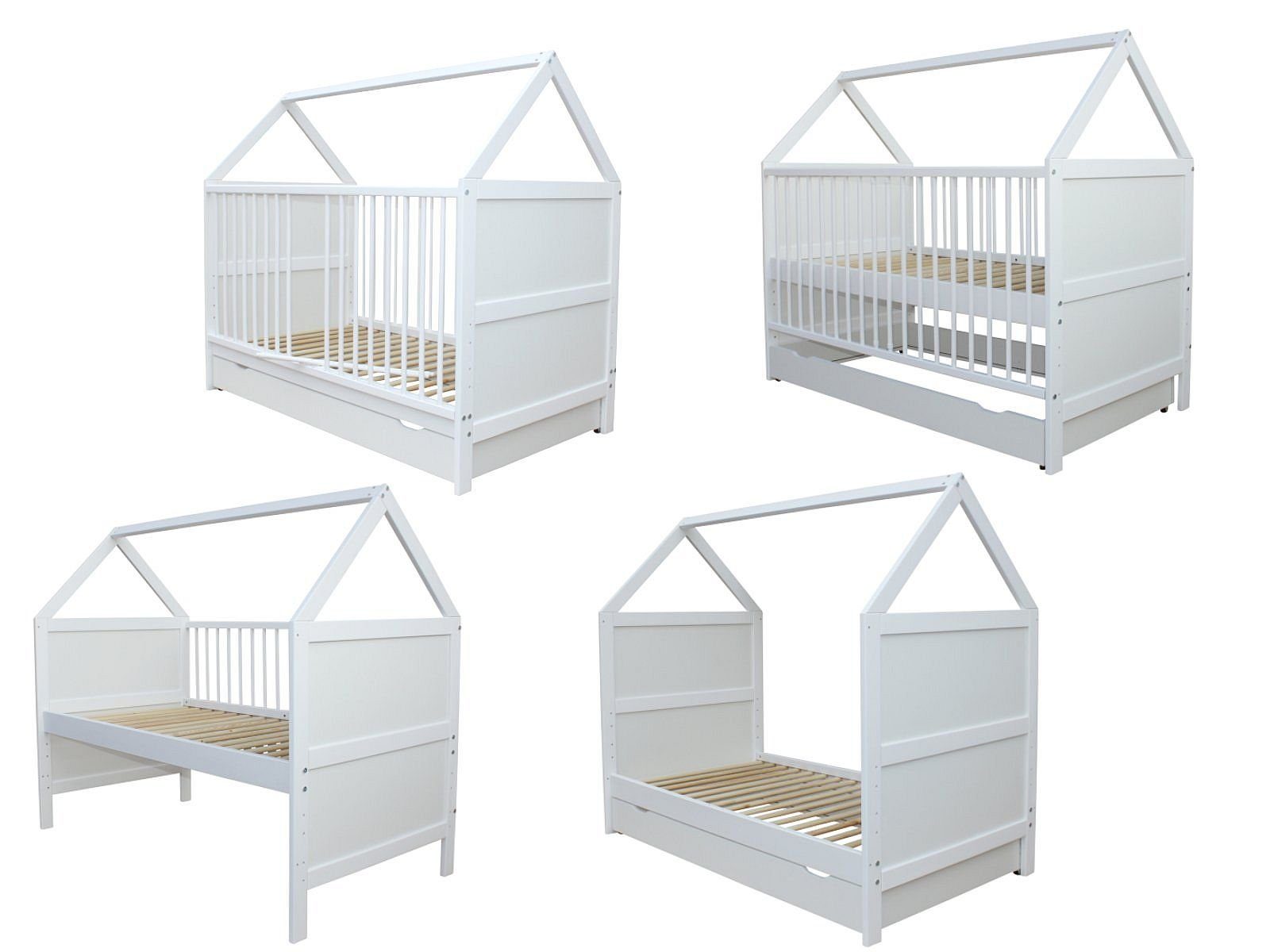 Kinderbett Babybett Juniorbett Haus 140x70 cm mit Schublade Weiß