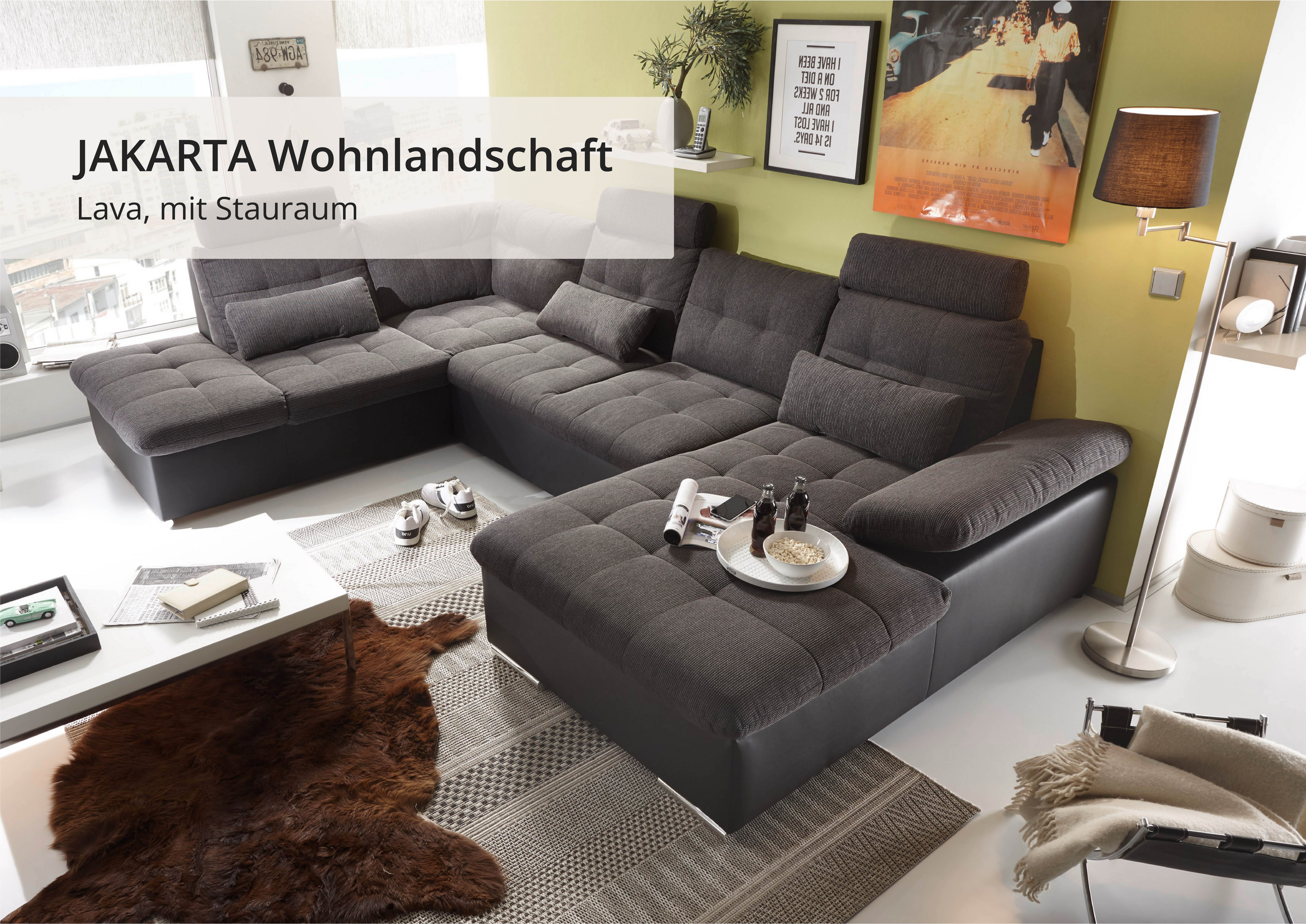 ED EXCITING DESIGN Wohnlandschaft Jakarta U-Form mit Bettfunktion, Bettkasten, Armteilverstellung, Kopfstützen & 3 Nierenkissen