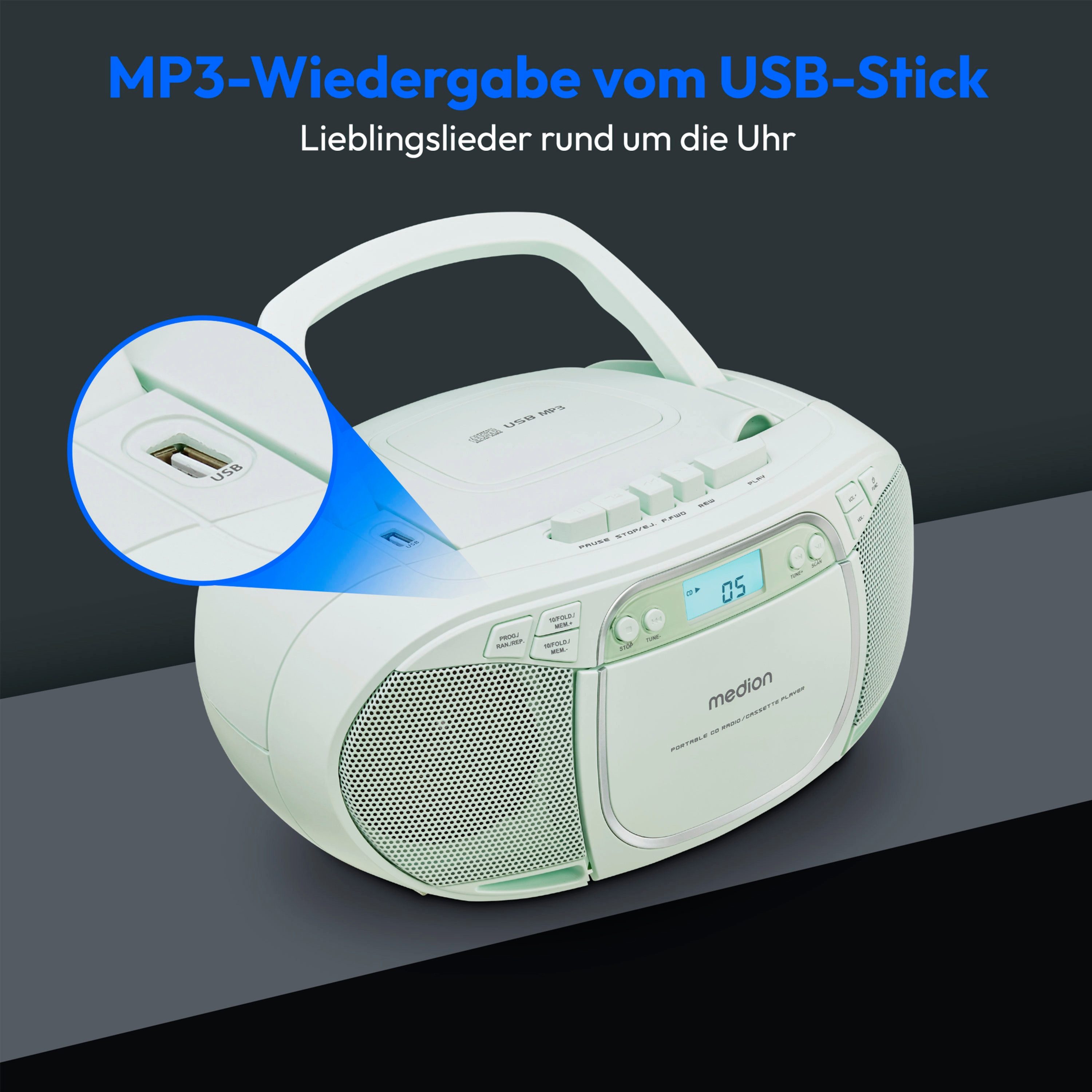Medion® Kassetten Player (An/Aus Anzeige, Audiokassetten, AUX-Eingang, Batteriebetrieben, CD-Player, CD-R-Wiedergabe, CD-RW-Wiedergabe, FM-Radio, Digitalanzeige, Kassettenwiedergabe, USB, Tragbar, Stereo, Radio, MP3 CD-Wiedergabe, On/Off Switch, MW/UKW Radio, Netzbetrieben, Lautstärkeregelung, 2x 20W max., LC-Display, 30 Senderspeichern, USB)