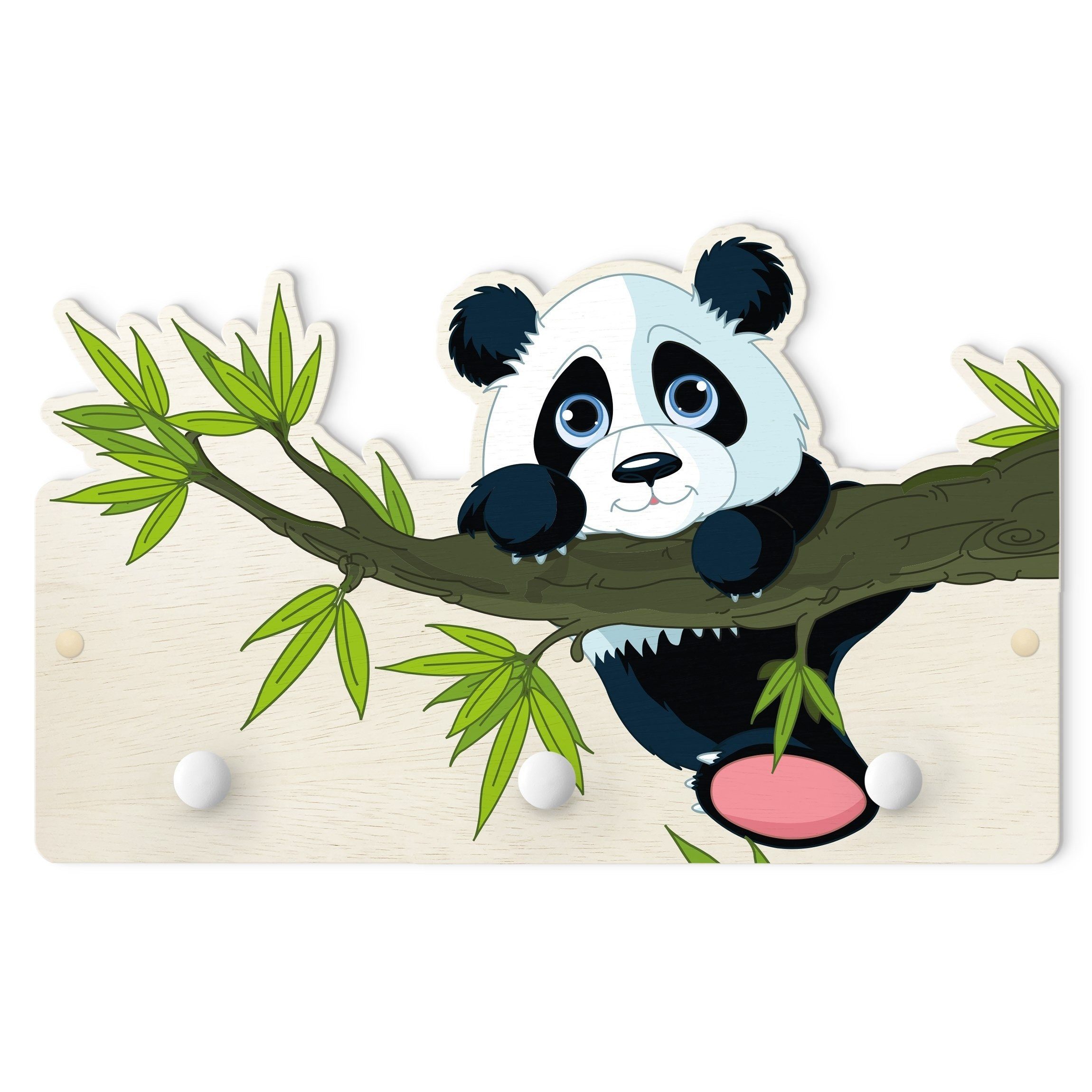 Bilderdepot24 Garderobenpaneel weiss Illustration Tiere Kletternder Panda (Kindergarderobe holz Kleiderhaken für die Wand inkl. Montagematerial), moderne Wand Garderobenleiste Flur - kleine Hakenleiste Kinderzimmer