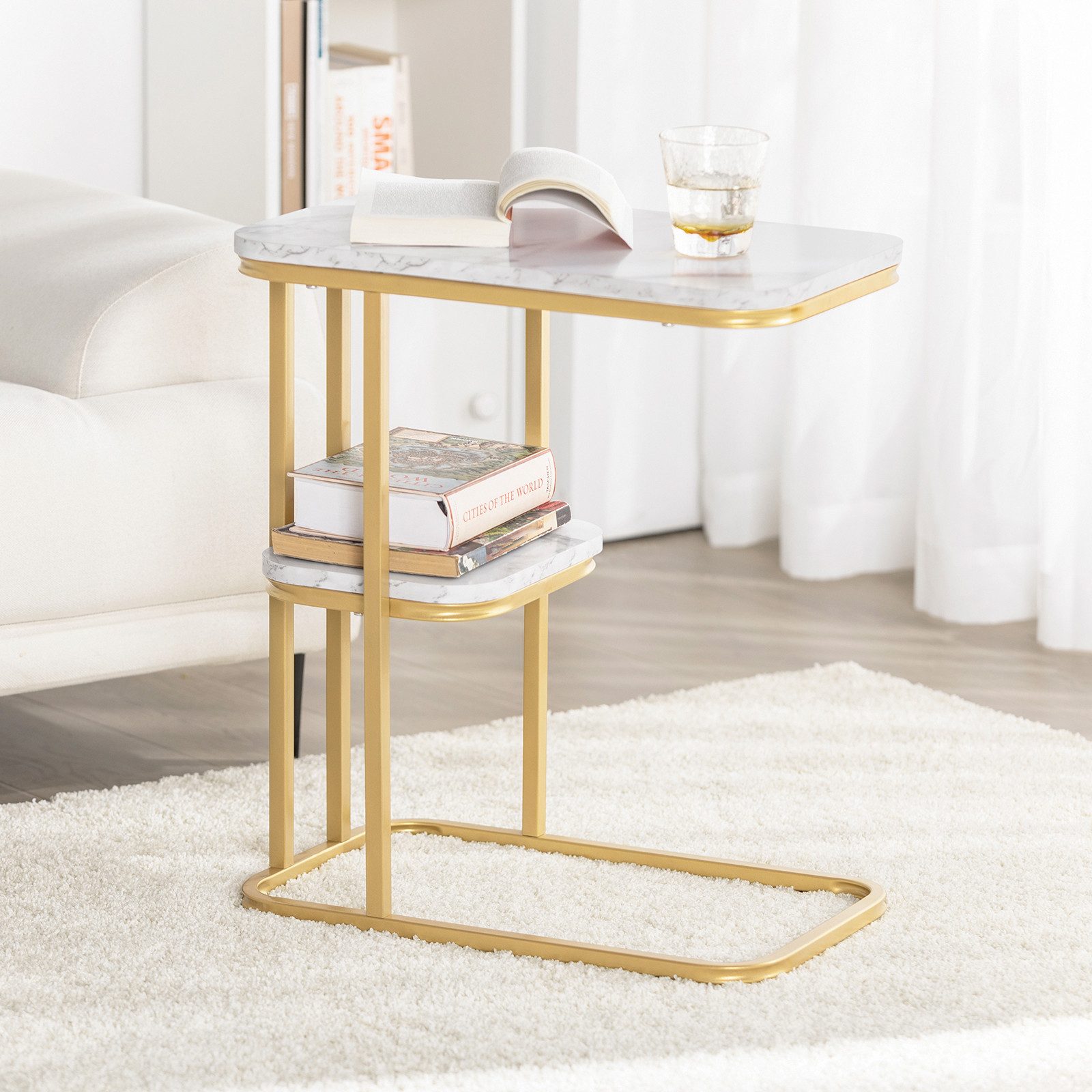 SoBuy Beistelltisch FBT110, Wohnzimmertisch Ablagetisch, C-Form, mit 2 Ablagen Sofatisch Kaffeetisch Laptoptisch Betttisch Pflegetisch