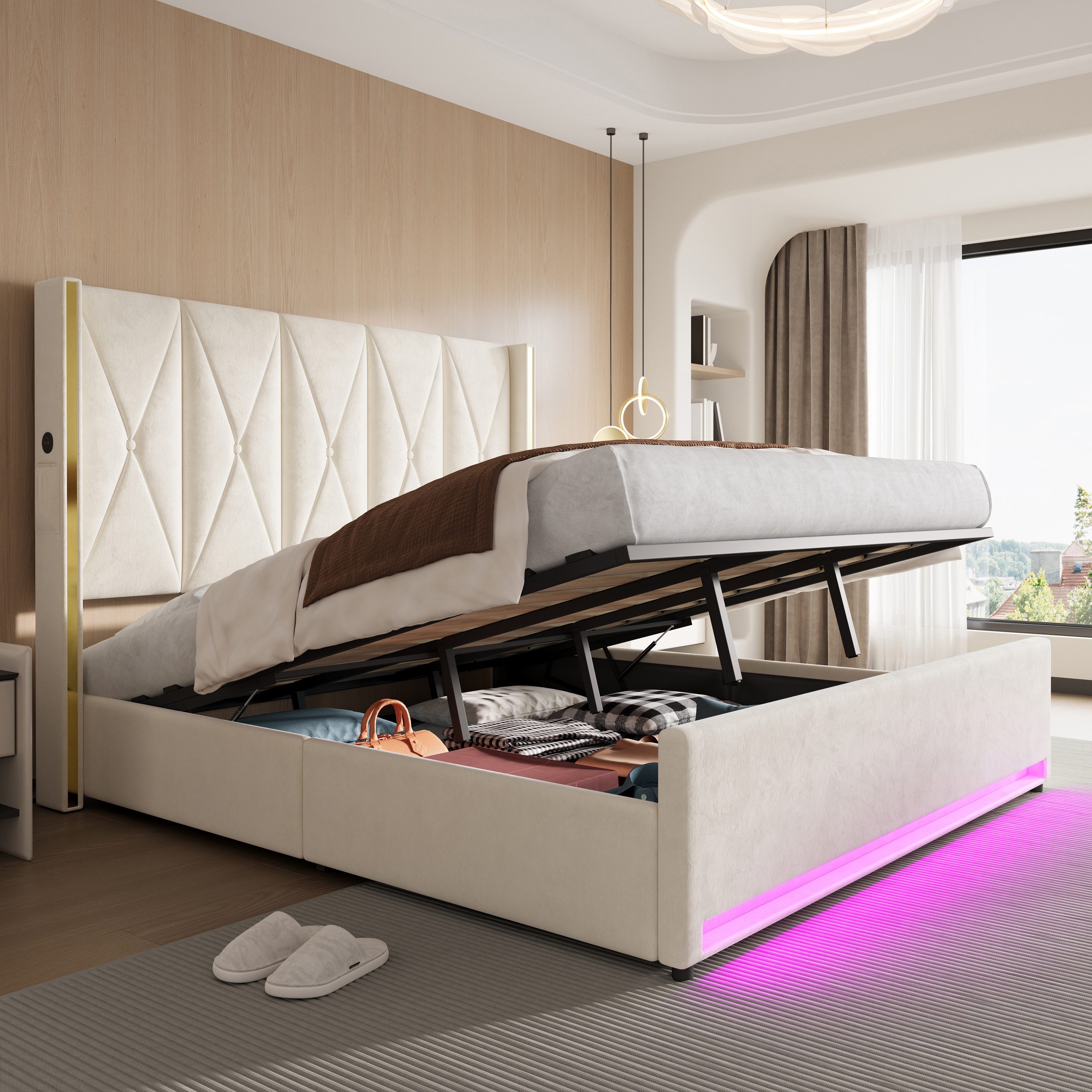 TavilaEcon Boxspringbett Veloursbett mit hohem Kopfteil, Seitentaschen & USB (1-St), mit hydraulischem Hebelsystem & großem Unterbett-Stauraum, grau/beige