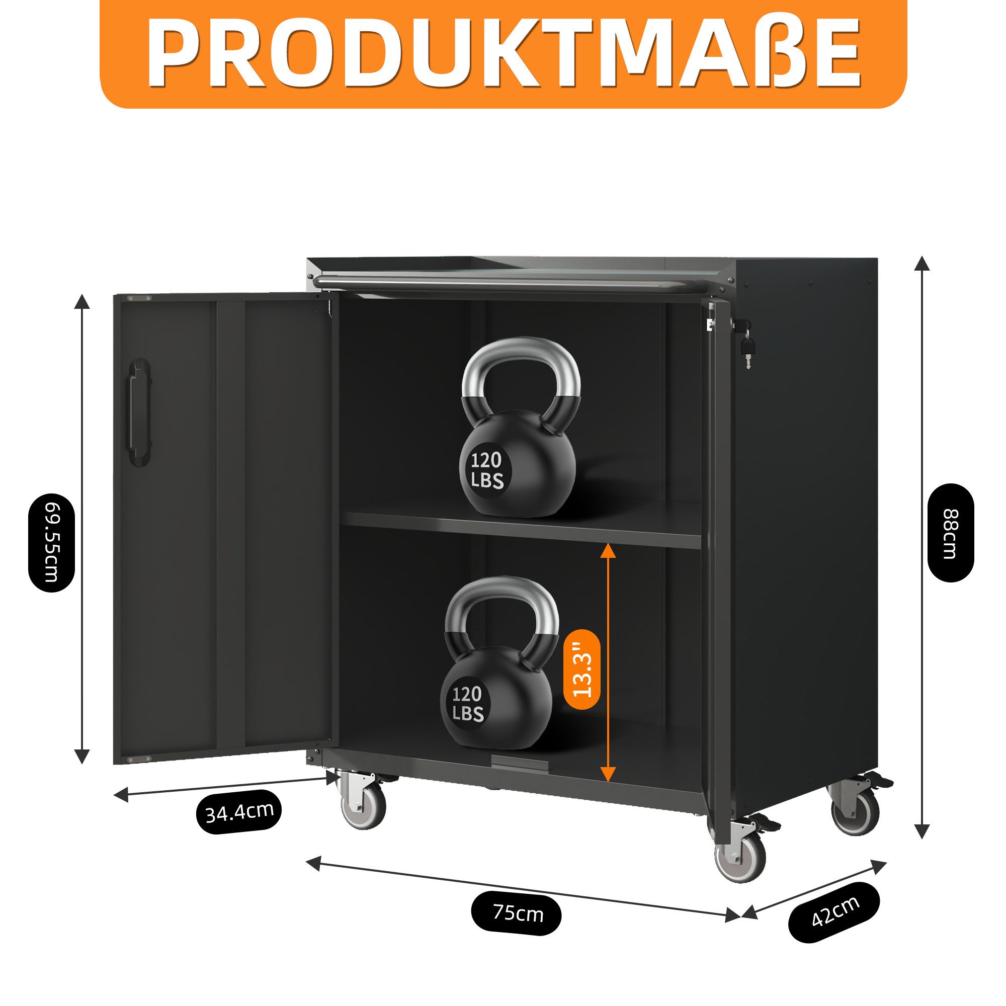 bizoemade Werkzeugwagen Heavy-Duty Metall-Garagenschrank mit Rollen, Schwarz, (1-tlg), robuster Werkzeug-Stauraum, 88x75x42cm