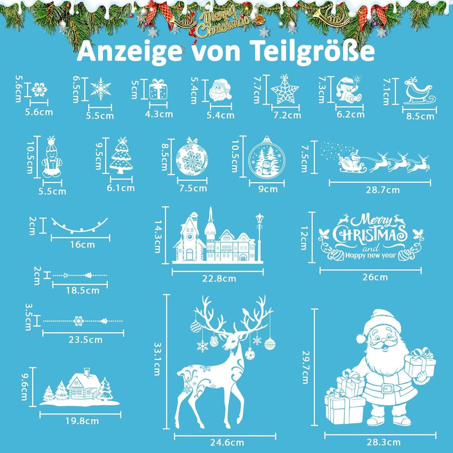 Refined Living Fenstersticker 9 Bögen Weihnachts-Fensterdeko mit 202 Motiven, Weihnachtsdeko, Schneeflocken Fensteraufkleber, (20 × 30 cm) wiederverwendbare statische PVC Fensterbilder mit Schneeflocken, Weihnachtsmann, Rentieren & Holzhütten – selbstklebend, doppelseitig bedruckt, wasserfest, Winter-Wunderland Deko für Fenster, Türen, Spiegel & Flächen