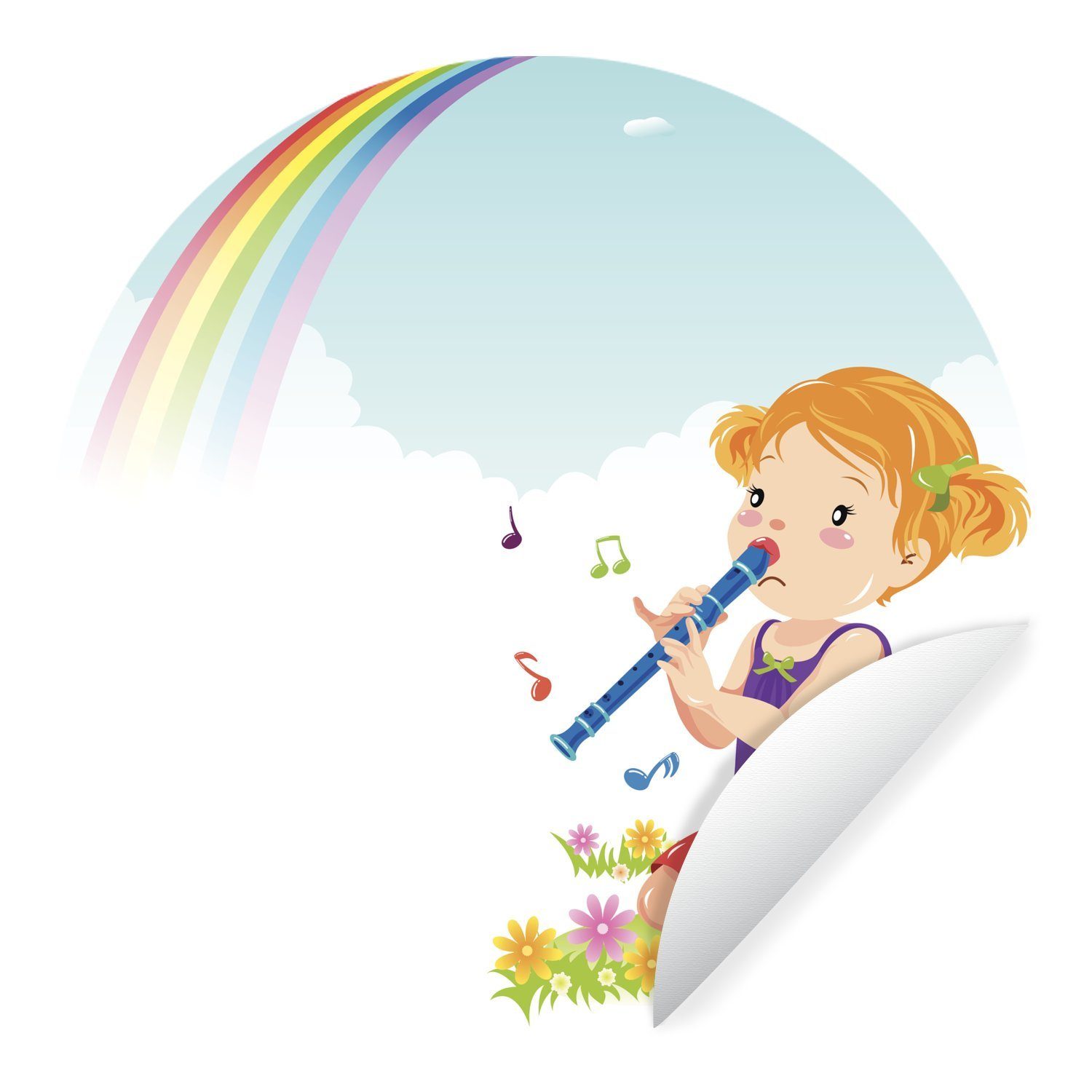 MuchoWow Wandsticker Illustration eines Mädchens mit einer Blockflöte (1 St), Tapetenkreis für Kinderzimmer, Tapetenaufkleber, Rund, Wohnzimmer