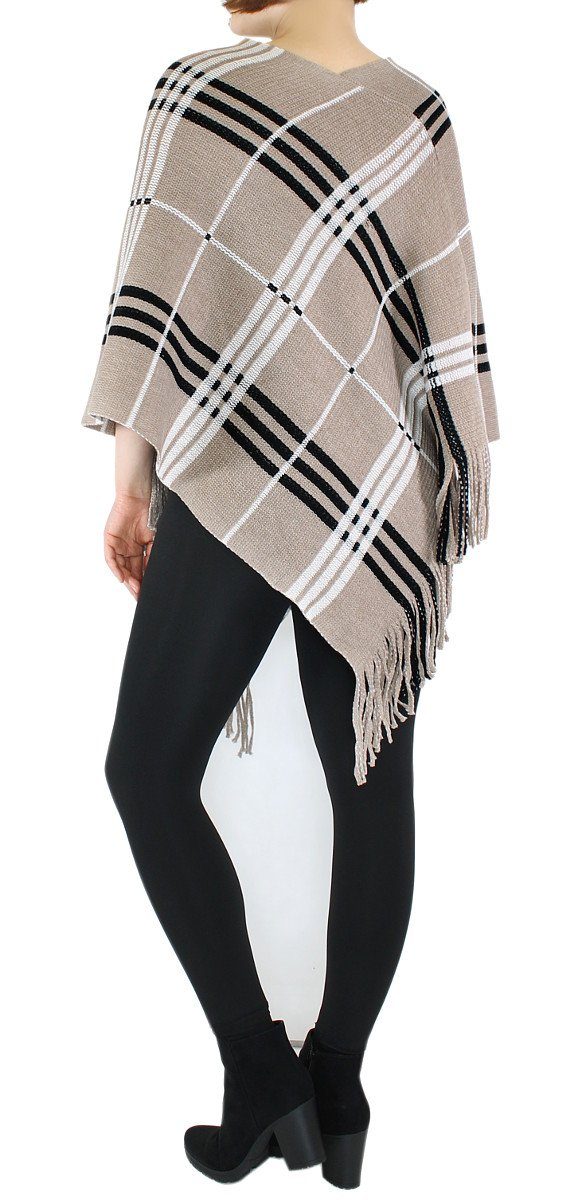 dy_mode Strickponcho Damen Strick Poncho Kariert Fransenponcho Überwurf Cape Pullover in Karo Muster, mit Fransen