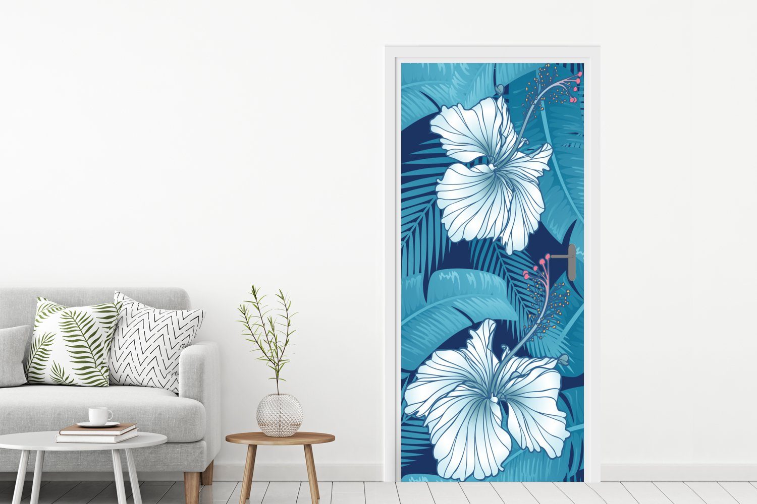 Tür, für - (1 St), bedruckt, Fototapete Türtapete cm Blumen Blau, - 75x205 MuchoWow Matt, Türaufkleber, Tropisch