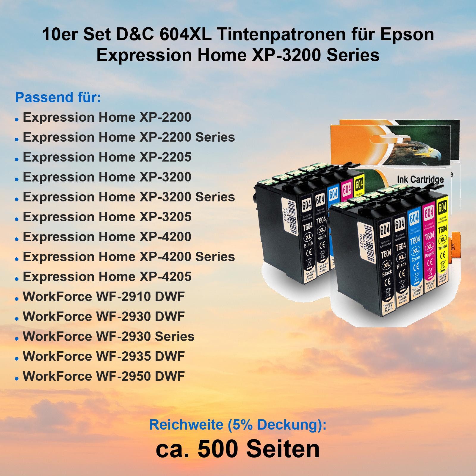 D&C 10er Set D&C 604XL Patronen für Epson Expression Home XP-3200 Series Tintenpatrone