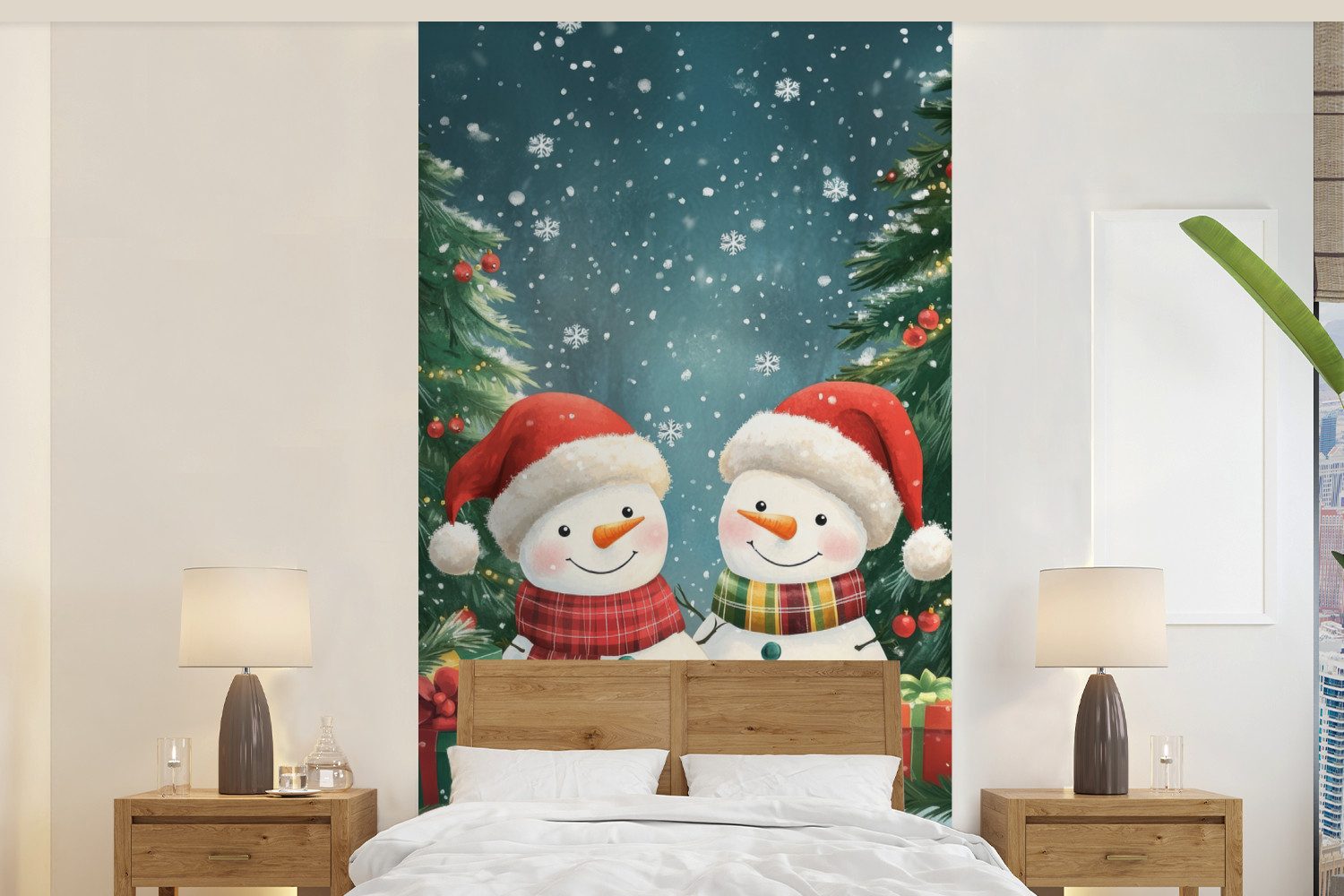 MuchoWow Fototapete Schneemann - Weihnachtsschnee - Grün - Rot, Matt, bedruckt, Vliestapete für Wohnzimmer Schlafzimmer Küche, Fototapete, 120x240 cm