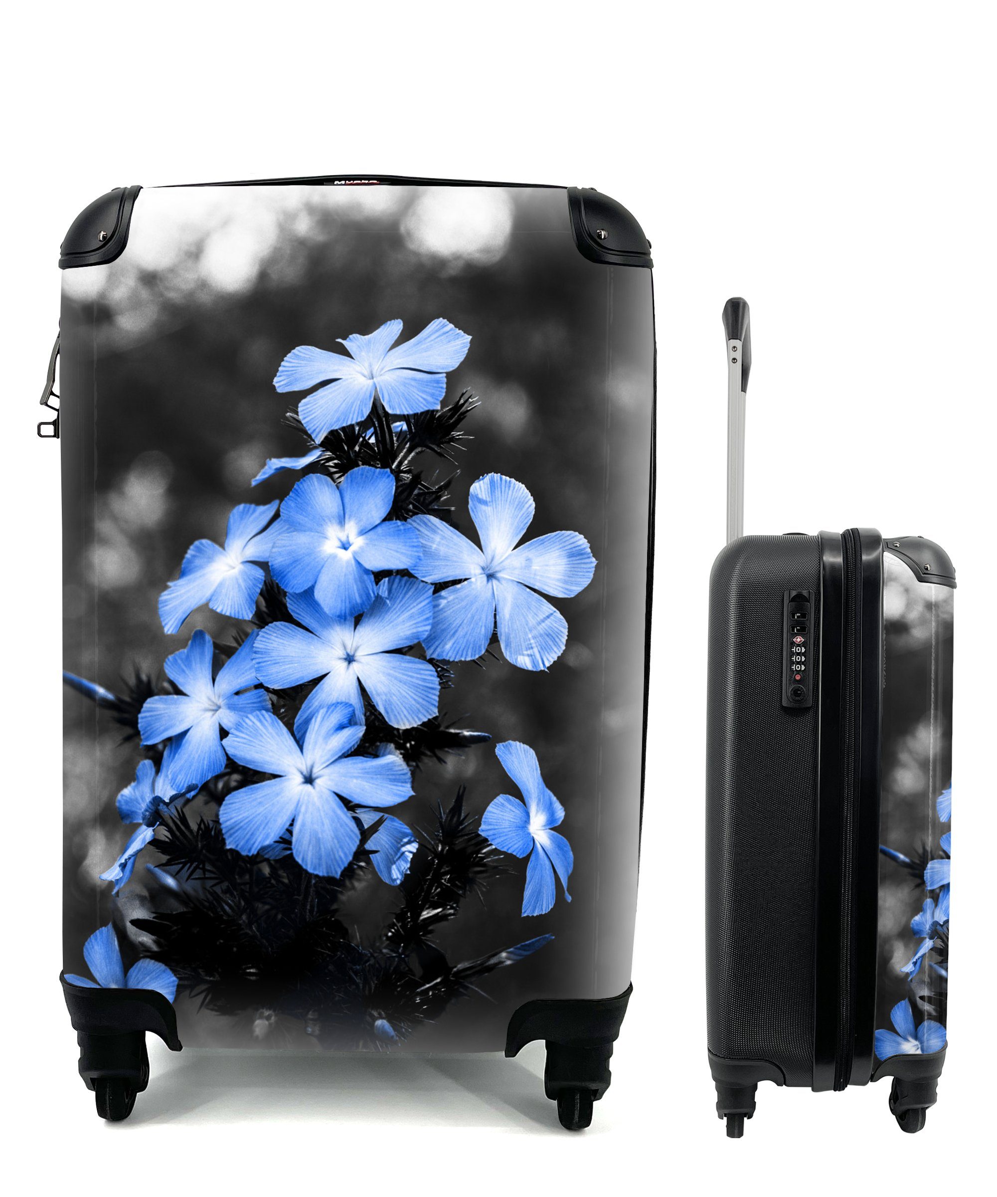 MuchoWow Handgepäckkoffer Blumen - Schwarz - Weiß - Blau, 4 Rollen, Reisetasche mit rollen, Handgepäck für Ferien, Trolley, Reisekoffer
