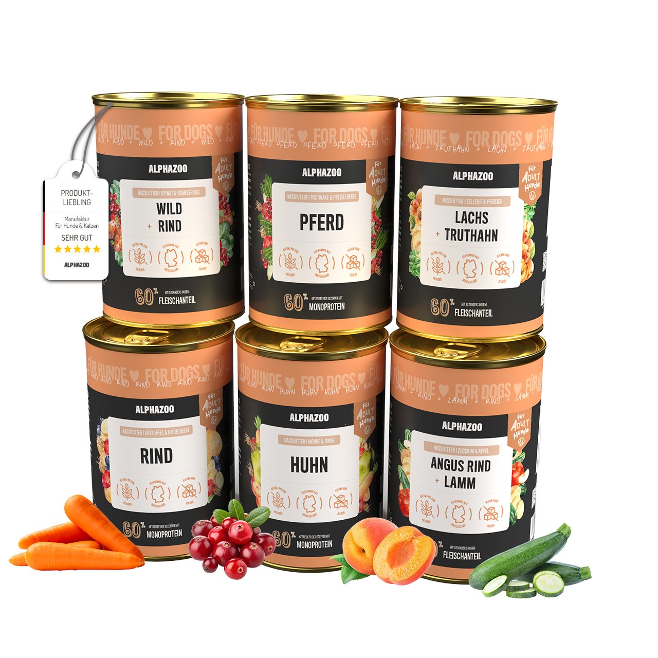 ALPHAZOO Probierschmaus Hund 6x400g, hochwertiges Probierpaket ohne Getreide Zucker, Nassfutter für: Hunde, Mixpaket mit 6 Sorten / Getreidefrei und mit viel Fleisch