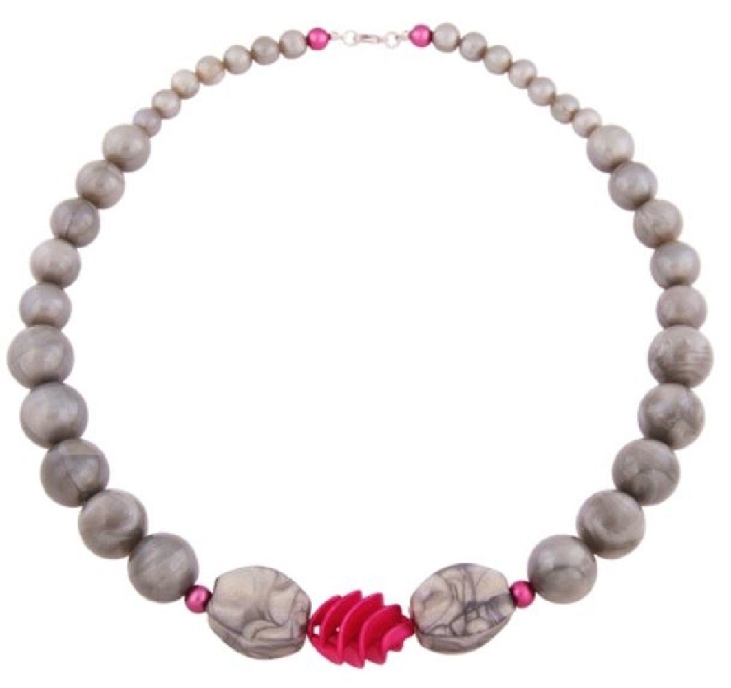 Collier Kette Rundperlen grau Spiralperle pink 62 cm Kunststoff