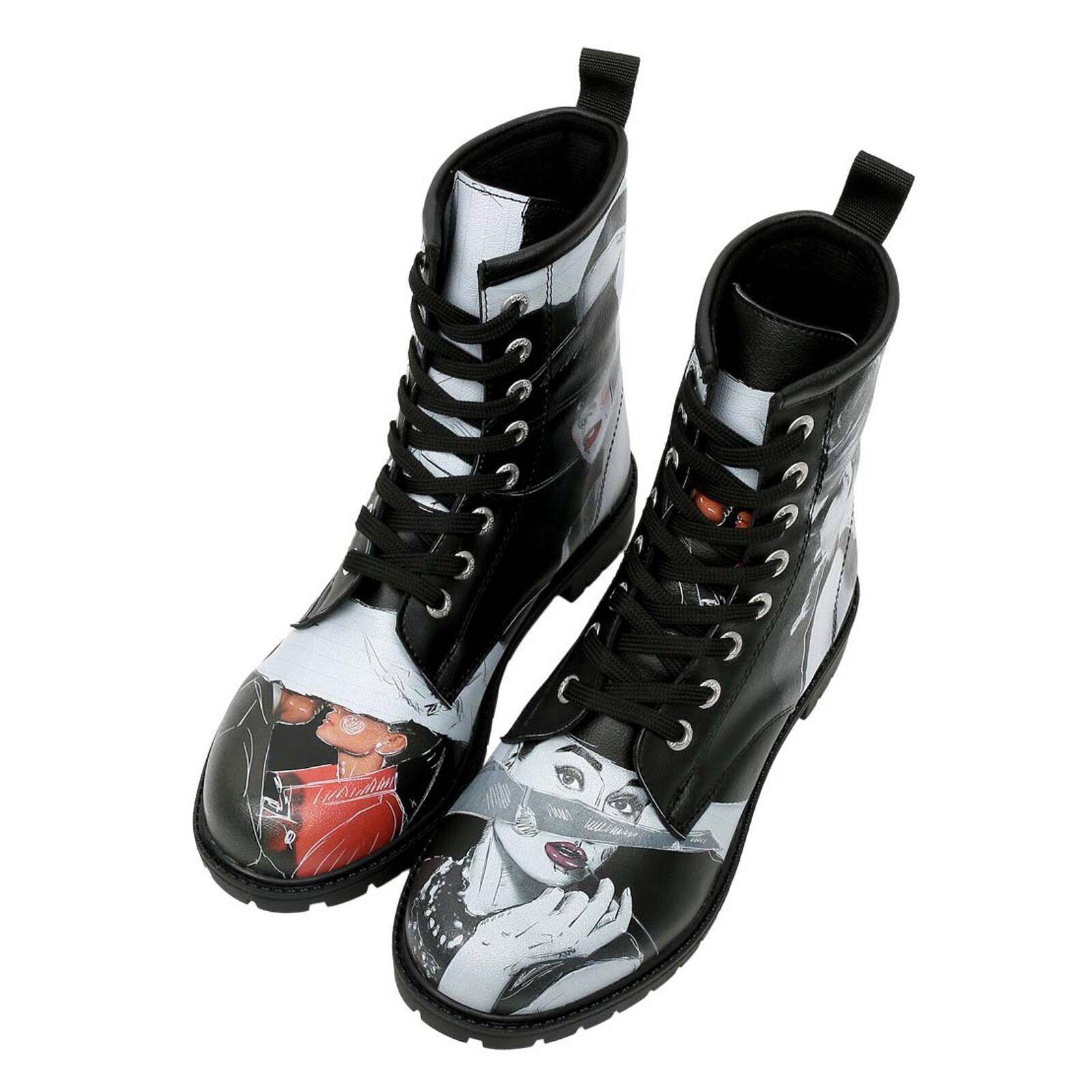 DOGO Black Longe Boots Schnürstiefel Cat Lovers Damen Stiefeletten, Schnürboots Handgefertigt