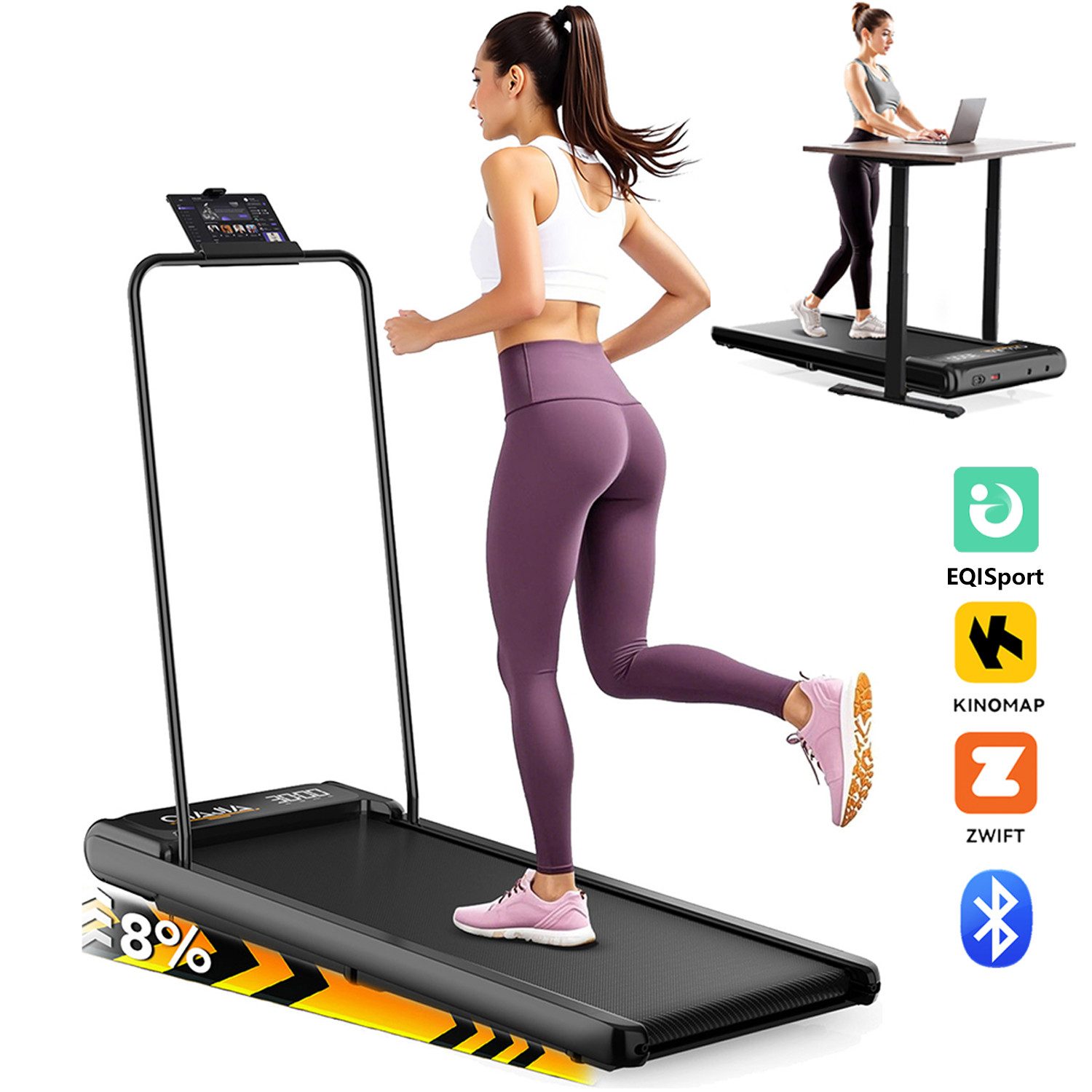 oyajia Laufband Laufband mit abnehmbarer Haltestange,4-Fach Neigungsverstellung, 0-8% (Kompaktes Walking Pad für Zuhause,Geschwindigkeitsbereich 2–8 km/h, LED-Display mit Anzeige von Zeit, Distanz, Geschwindigkeit, Kalorien), Bluetooth-App-Steuerung & Fernbedienung, Platzsparend Verstaubar