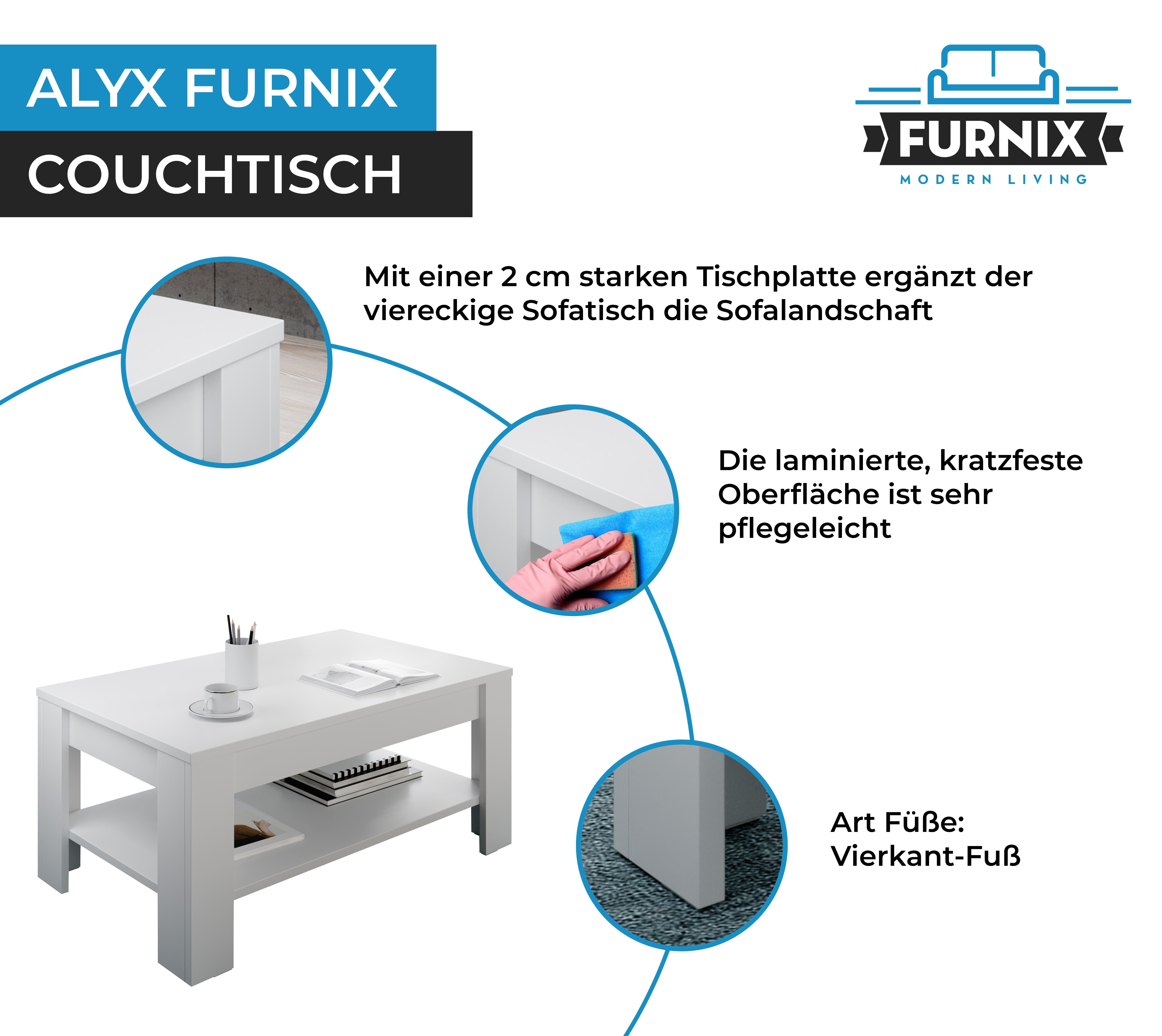 Furnix T52 H45 Weiß x Ablage, zusätzlicher B100 Wohnzimmer Sofatisch Couchtisch mit ALYX für x cm