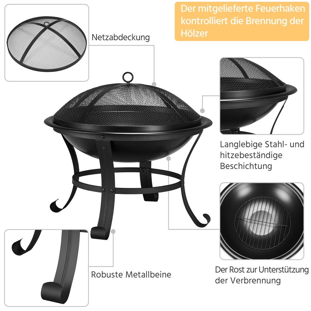Yaheetech Feuerschale mit Funkenschutz & Schürhaken, Feuerstelle Feuerkorb für den Garten/Terrasse/Camping/Party