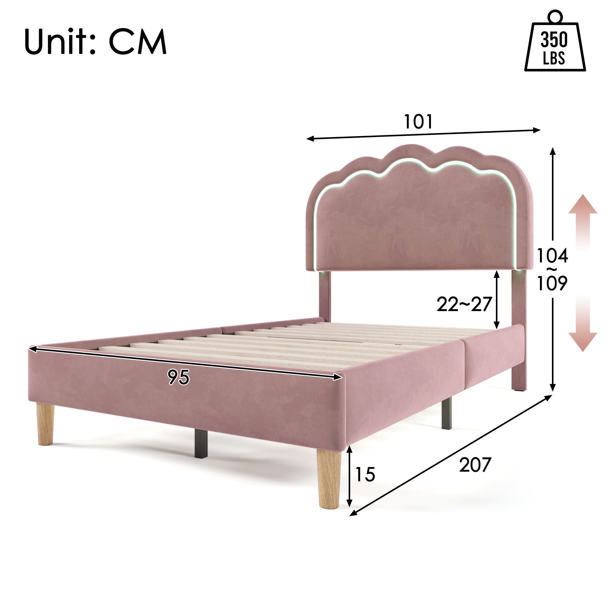 Polsterbett (Einzelbett, LED Jugendbett), mit Lattenrost und Verstellbares Kopfteil in Puff-Form, 90x200cm, Samt