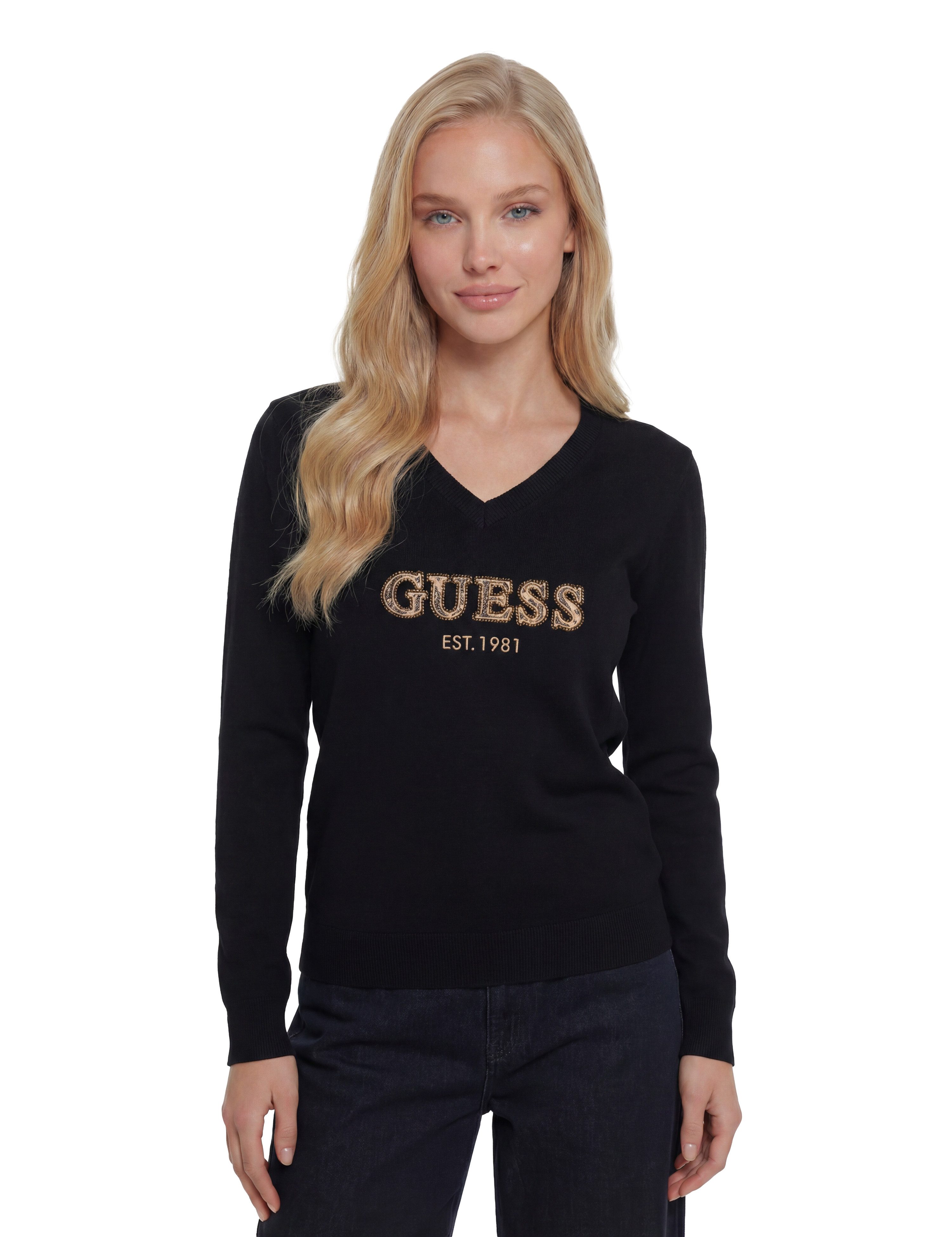 Guess V-Ausschnitt-Pullover LS VN HANNAH LOGO SWTR aus Viskosemix, Logoschriftzug