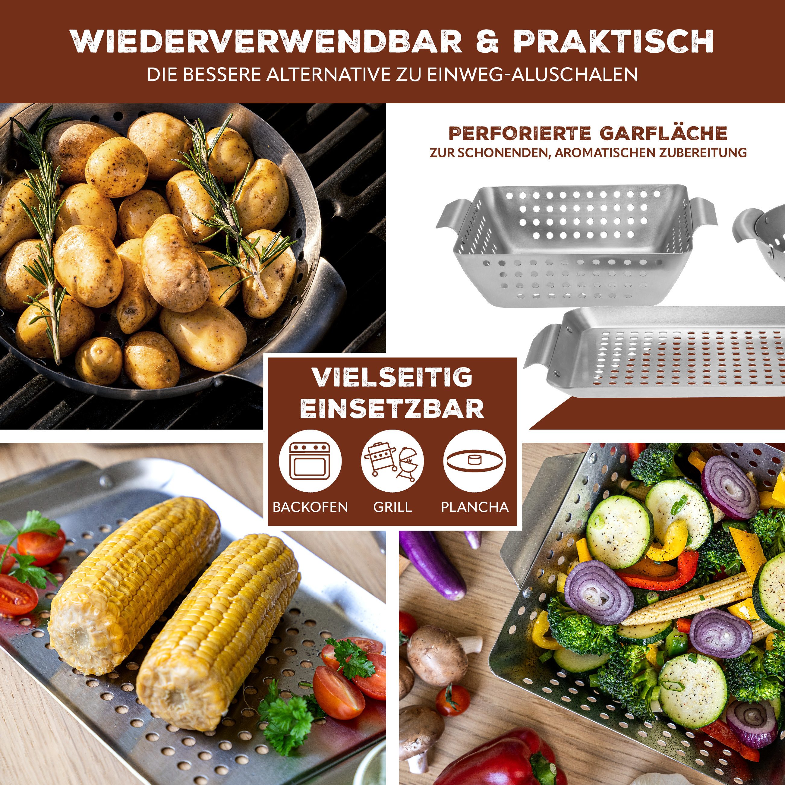 bremermann Grillplatte Grillkörbe 3er Set Edelstahl Grillpfanne Grillplatte Grillkorb (3-St) – Bild 3 von 5