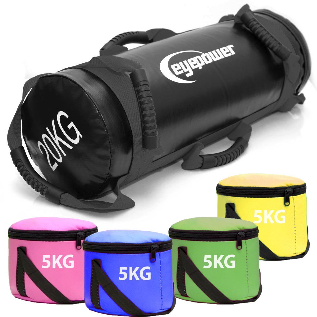 eyepower Gewichtssack 20kg Power Bag mit 4 Kettlebell Gewichten - 20x60 Sandsack Wasserdicht, Sandbag für Krafttraining, Functional Training und Ausdauer Workout
