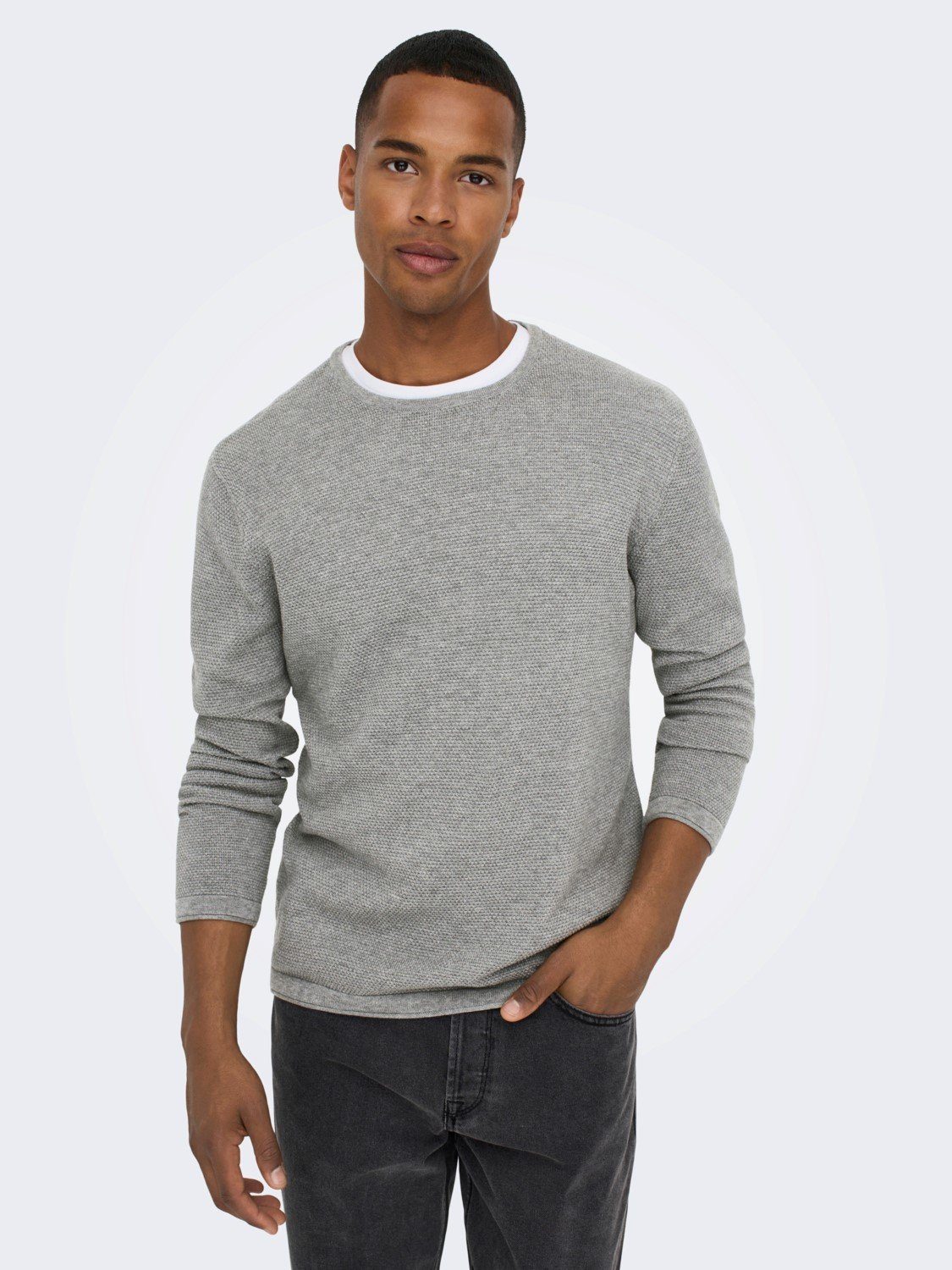 ONLY & Strickpullover in Strickpullover Dünner Rundhals 4421 Sweater ONSPANTER Basic SONS Grau Langarm